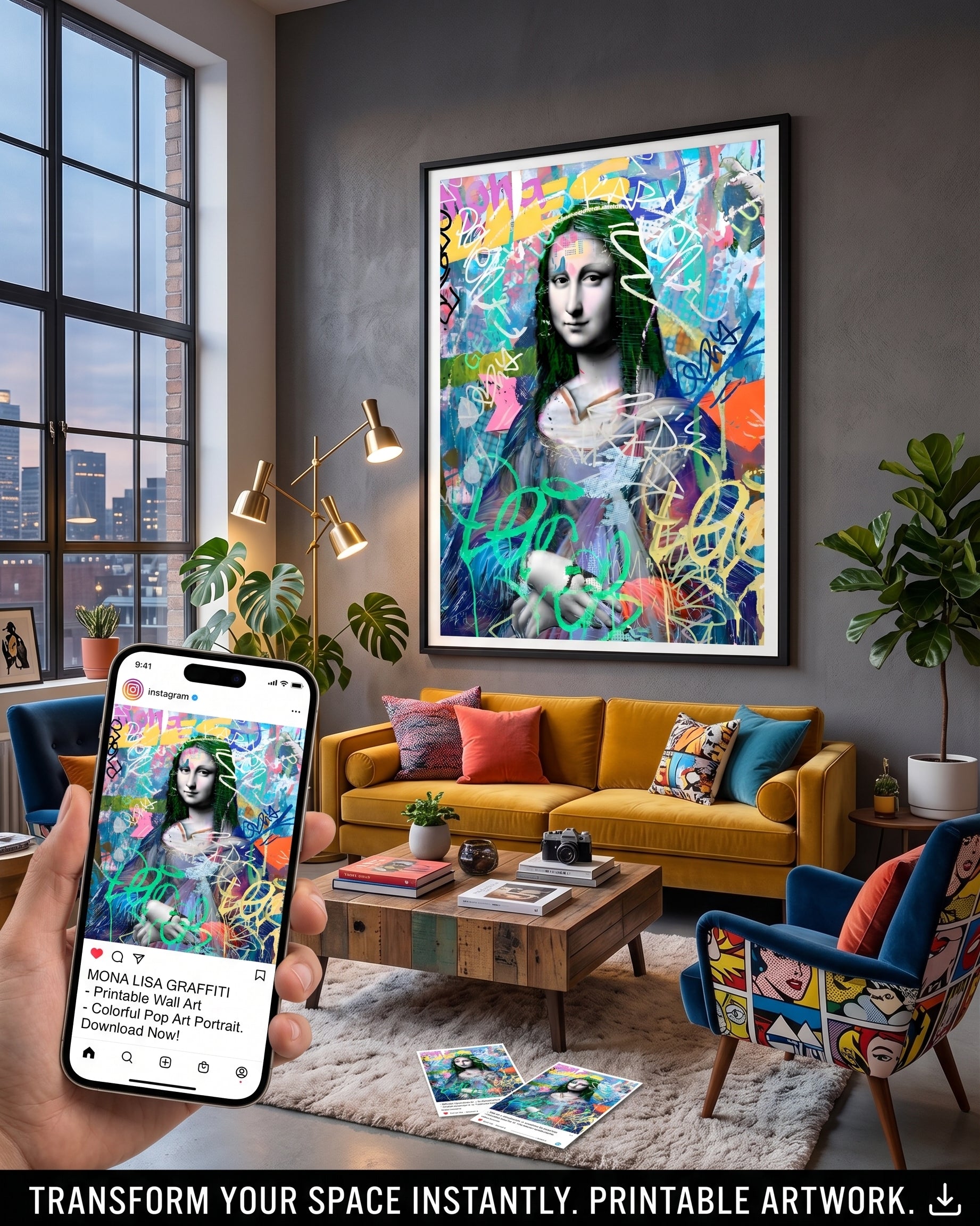 Mona Lisa Graffiti Printable Wall Art – Colourful Pop Art Portrait