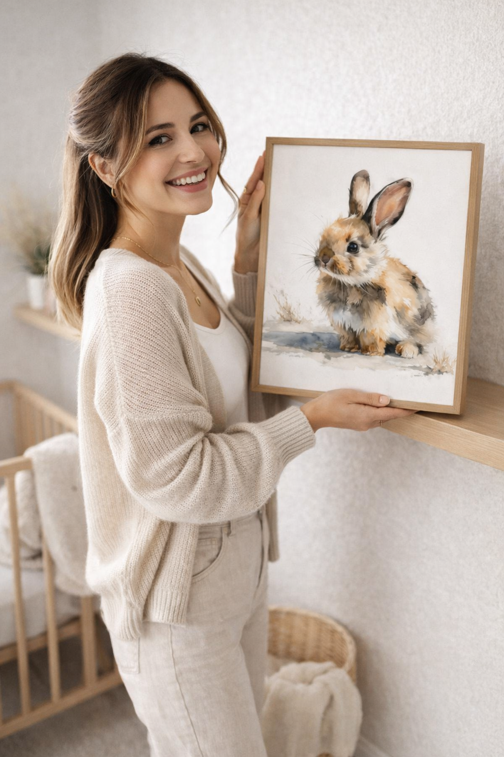 Cute Watercolor Bunny Rabbit Wall Art for Nursery Decor - Framed Pop Art