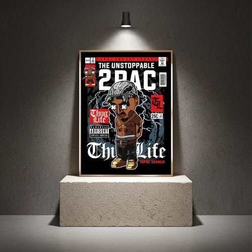 Framed poster of a stylized character with text on a dark background