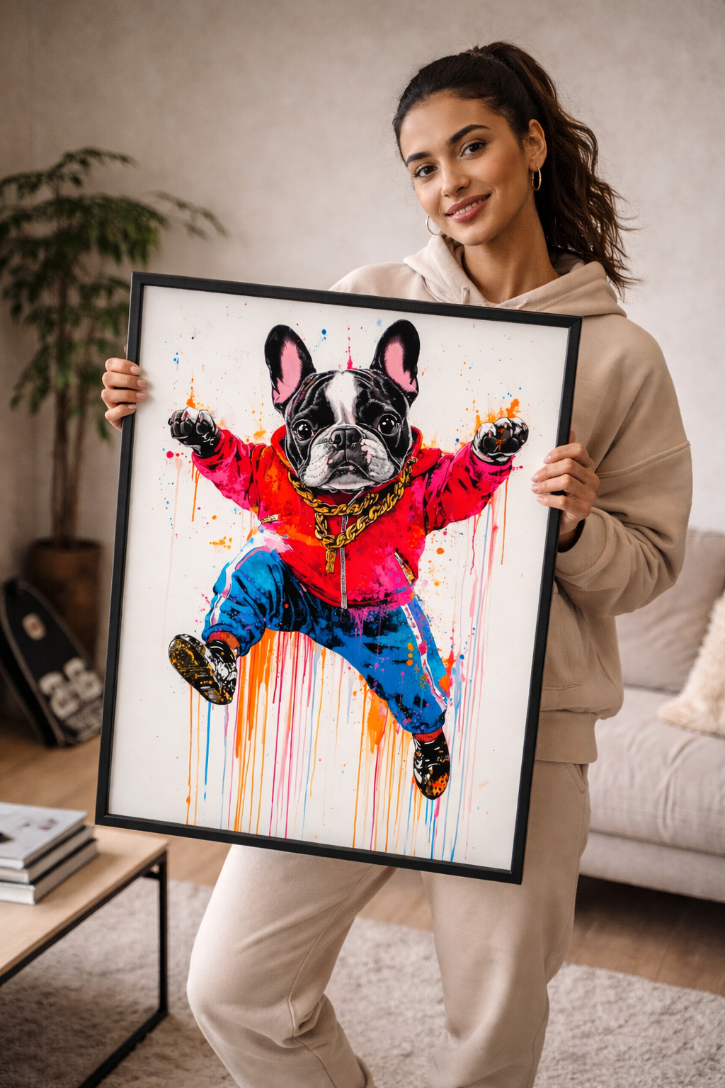 Frenchie Hip Hop Art - Canvas Wall Decor | Urban Dog Print - Framed Pop Art
