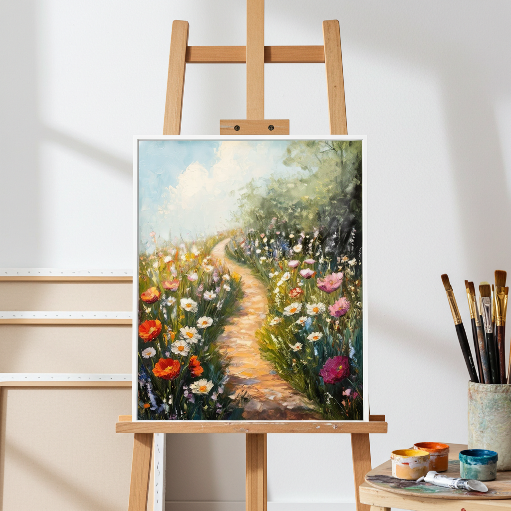 Painting of a garden path with flowers on an easel, surrounded by art supplies.
