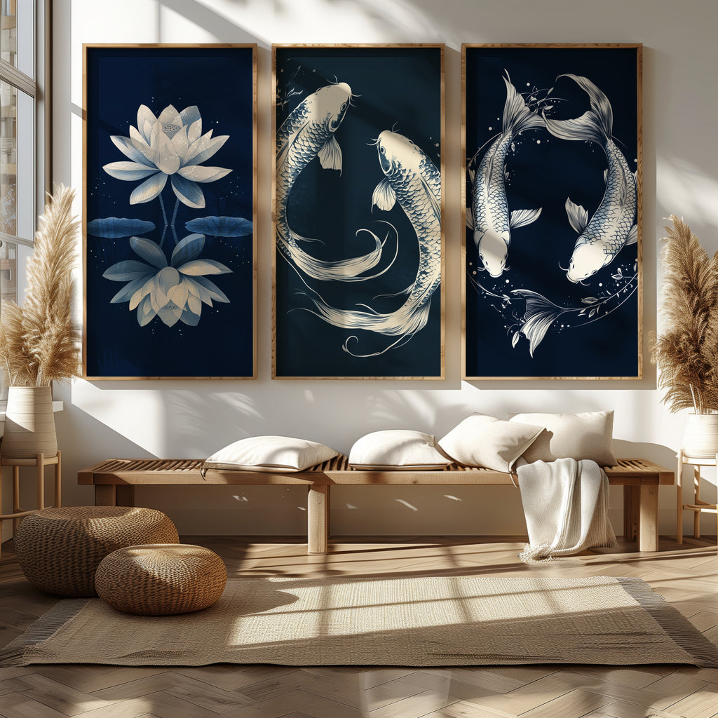 Zen Koi & Lotus 3-Piece Canvas Wall Art Set - 60 x 75 cm / 24 x 30″