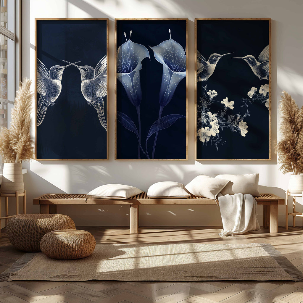 Navy Botanical Triptych | Large Hallway Wall Art Set of 3 - Framed Pop Art