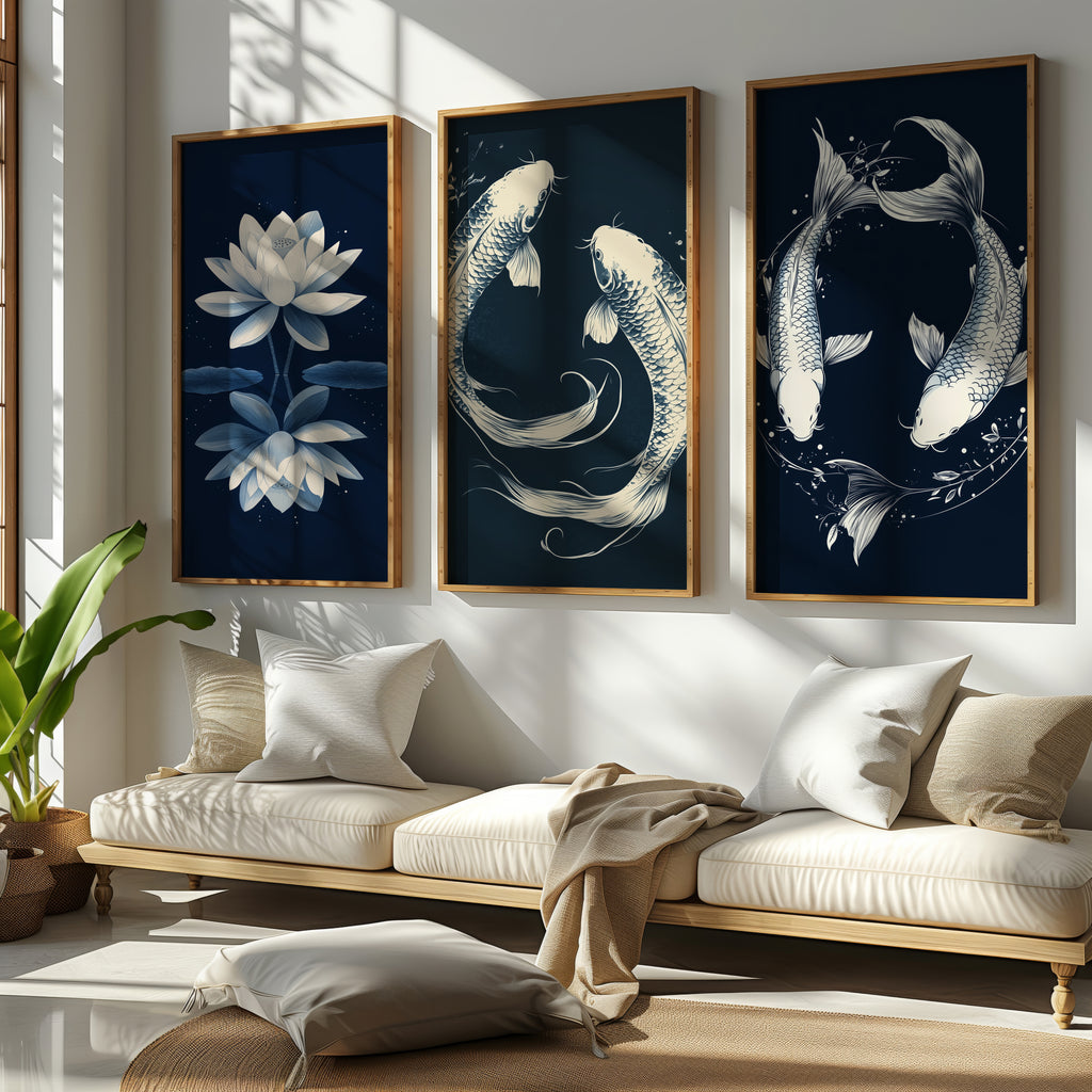 Zen Koi & Lotus 3-Piece Canvas Wall Art Set - 60 x 75 cm / 24 x 30″