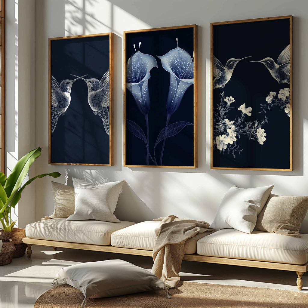 Navy Botanical Triptych | Large Hallway Wall Art Set of 3 - Framed Pop Art