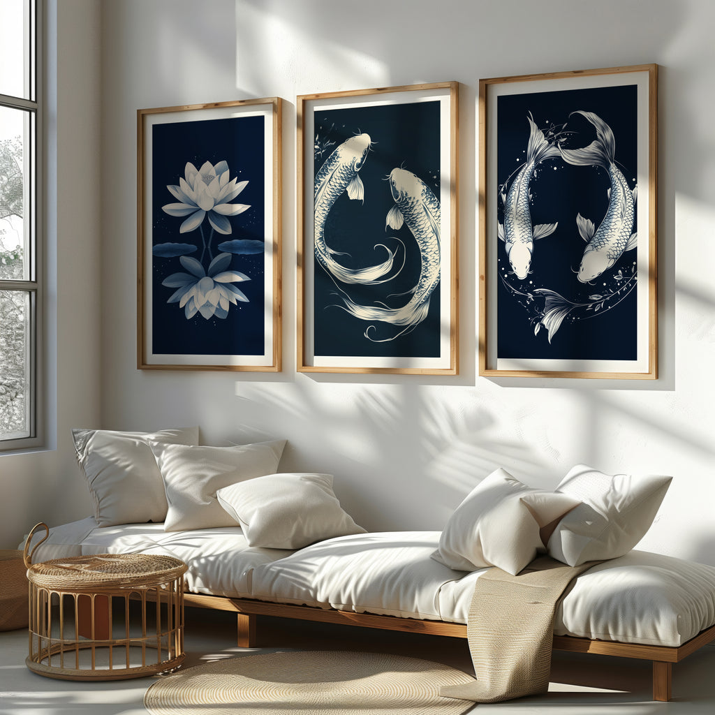 Zen Koi & Lotus 3-Piece Canvas Wall Art Set - 60 x 75 cm / 24 x 30″