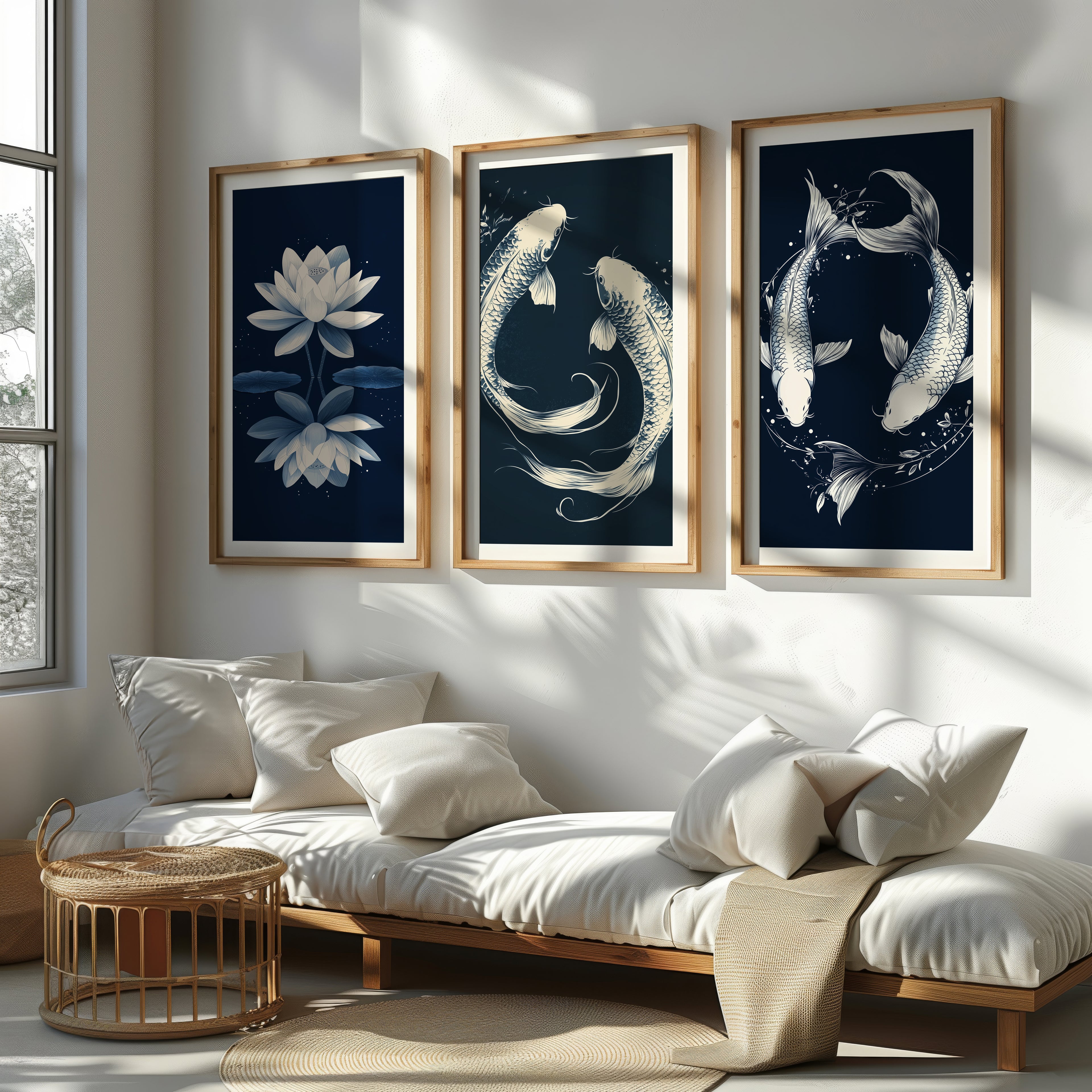 Zen Koi & Lotus 3-Piece Canvas Wall Art Set - 60 x 75 cm / 24 x 30″