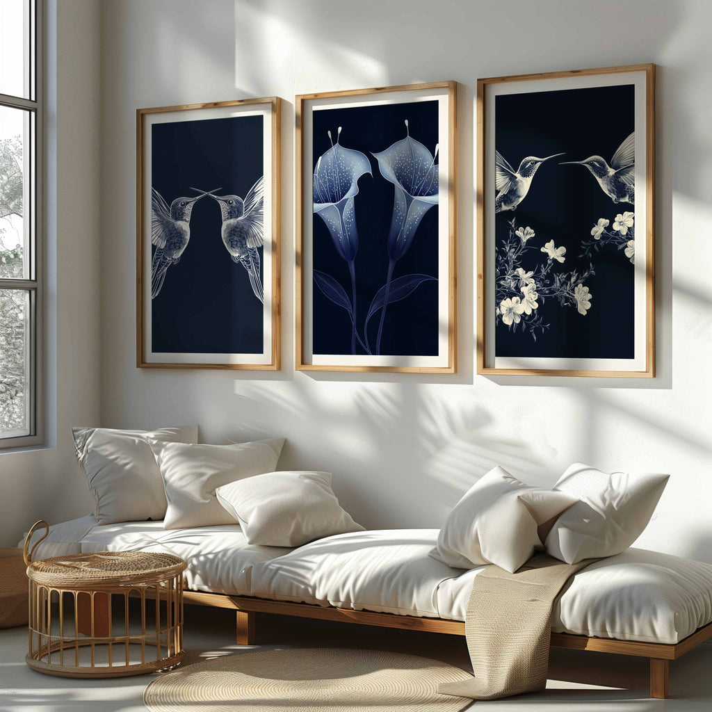 Navy Botanical Triptych | Large Hallway Wall Art Set of 3 - Framed Pop Art
