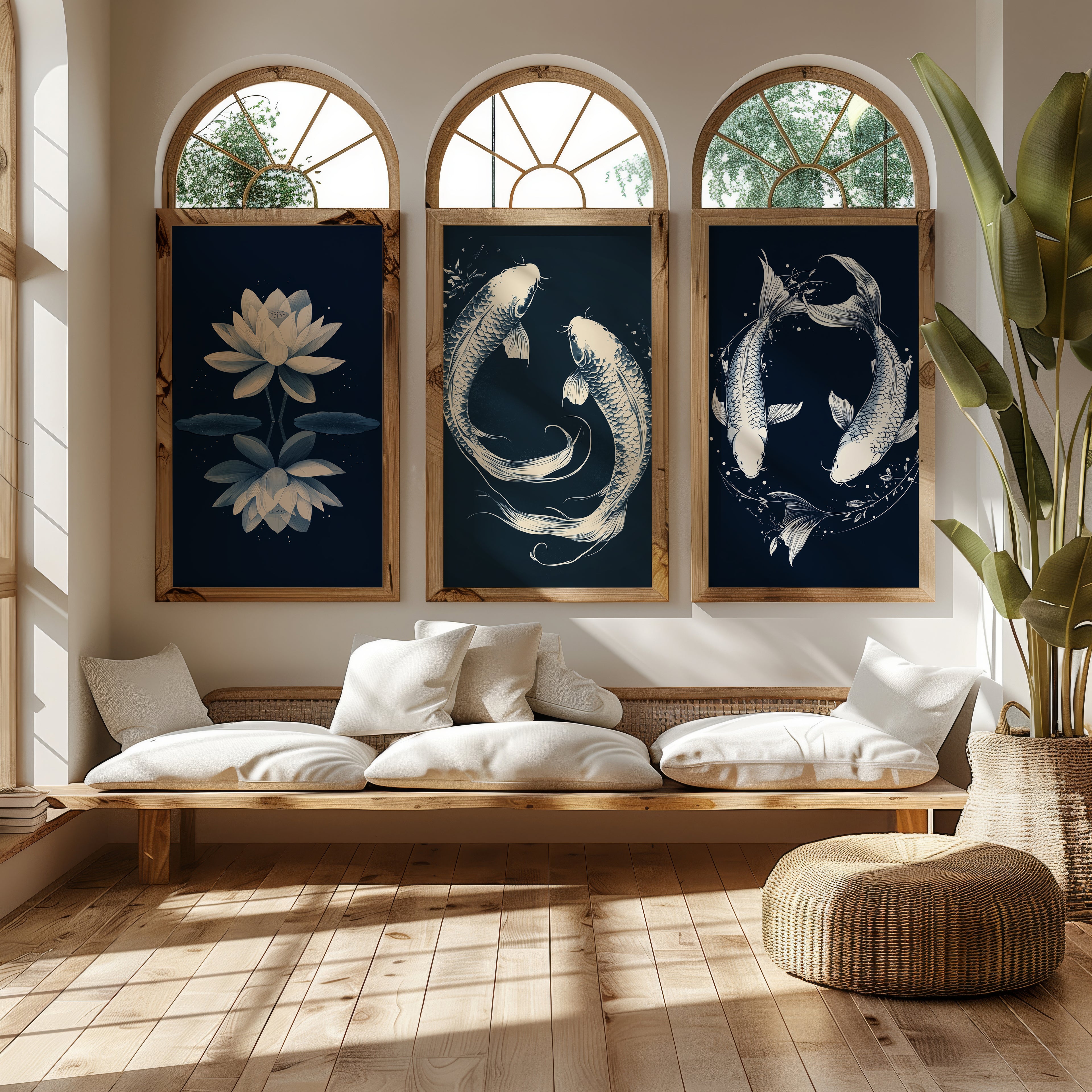 Zen Koi & Lotus 3-Piece Canvas Wall Art Set - 60 x 75 cm / 24 x 30″