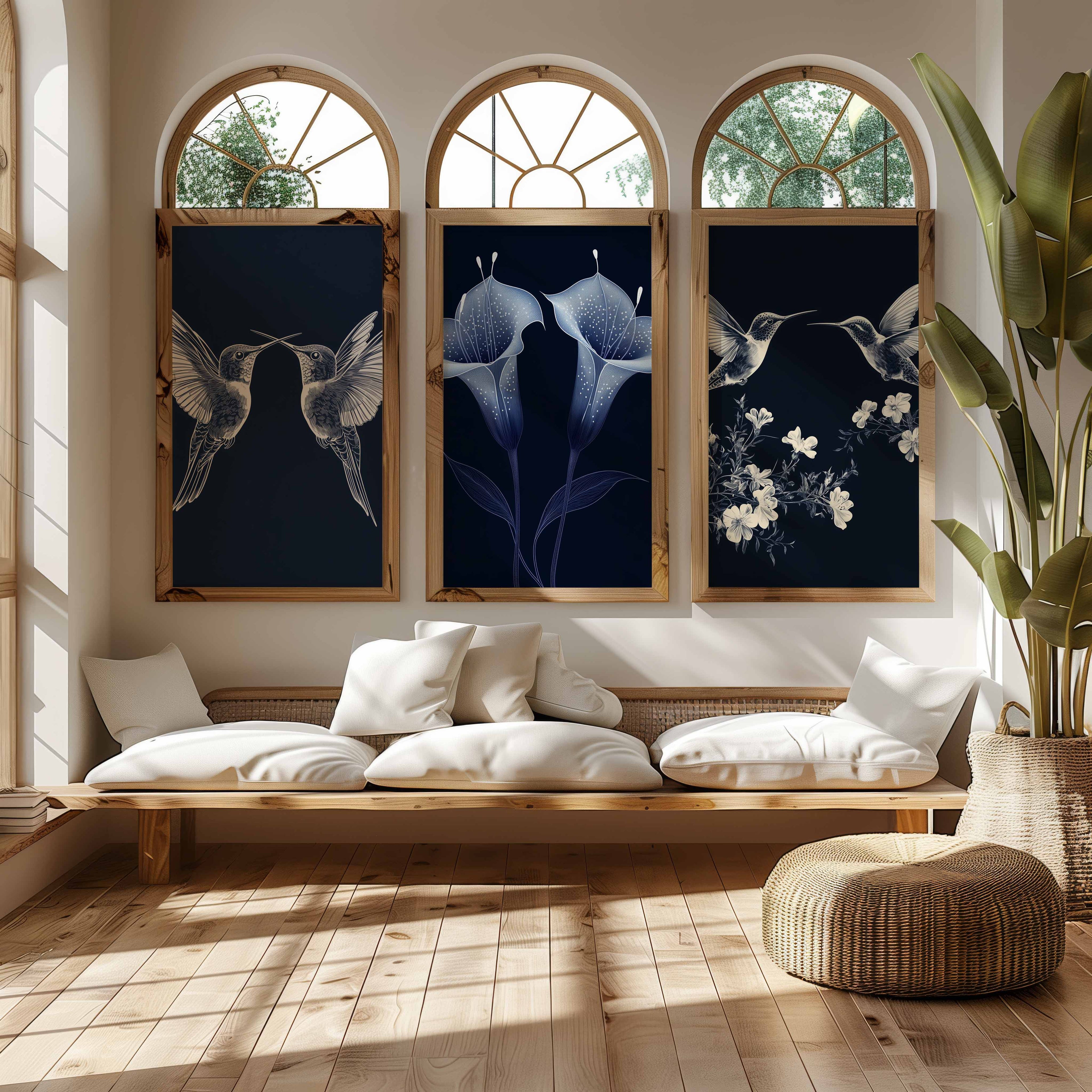Navy Botanical Triptych | Large Hallway Wall Art Set of 3 - Framed Pop Art