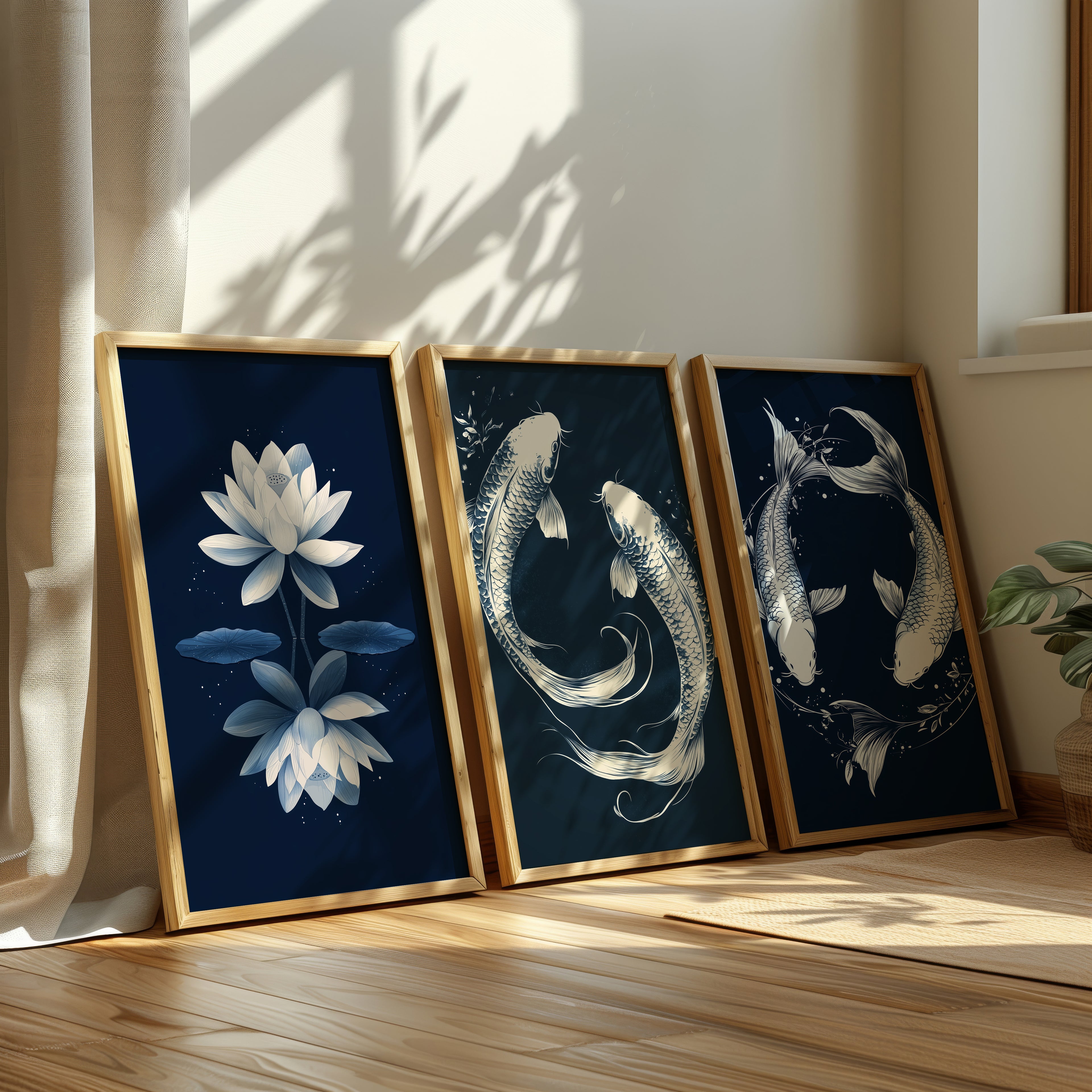 Zen Koi & Lotus 3-Piece Canvas Wall Art Set - 60 x 75 cm / 24 x 30″