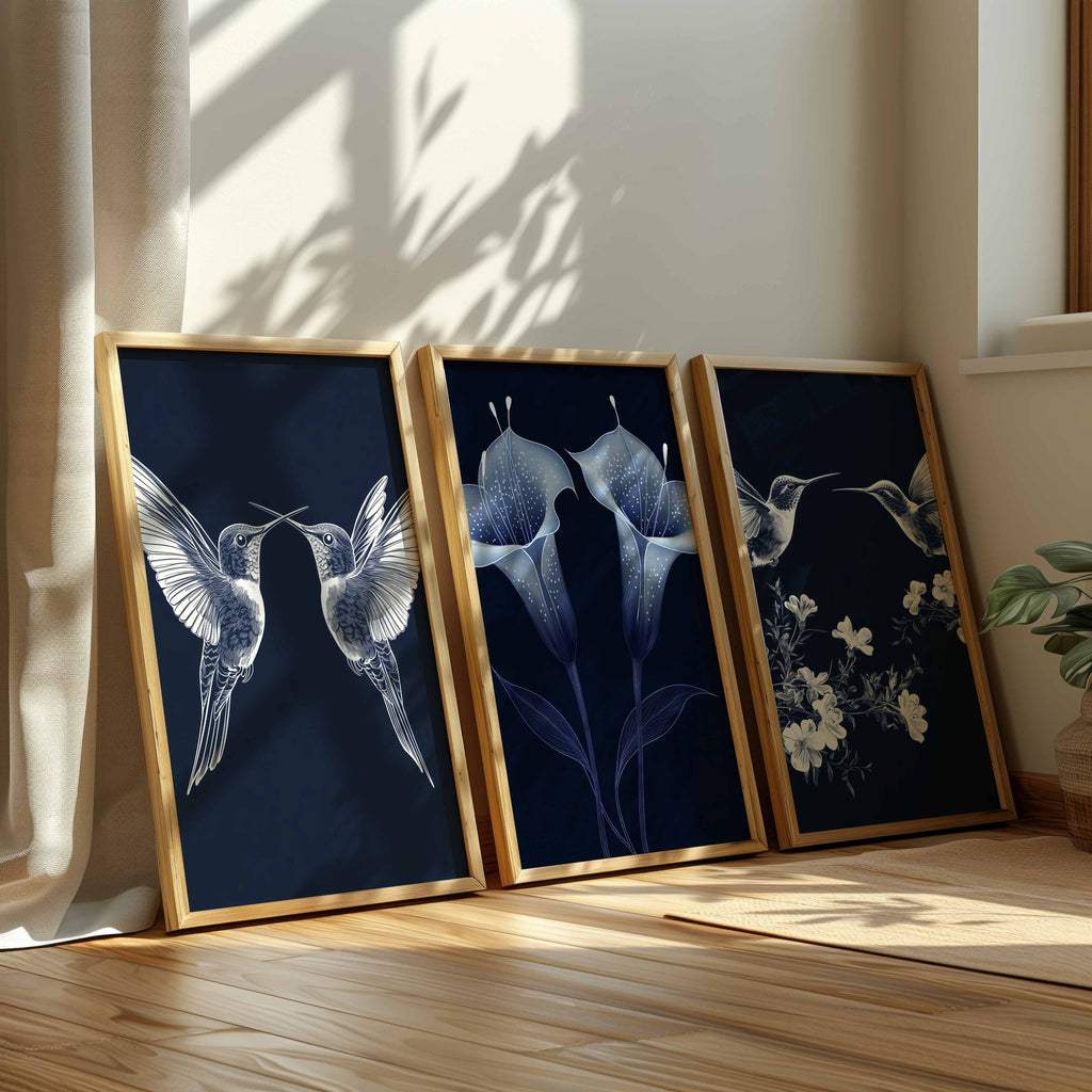 Navy Botanical Triptych | Large Hallway Wall Art Set of 3 - Framed Pop Art