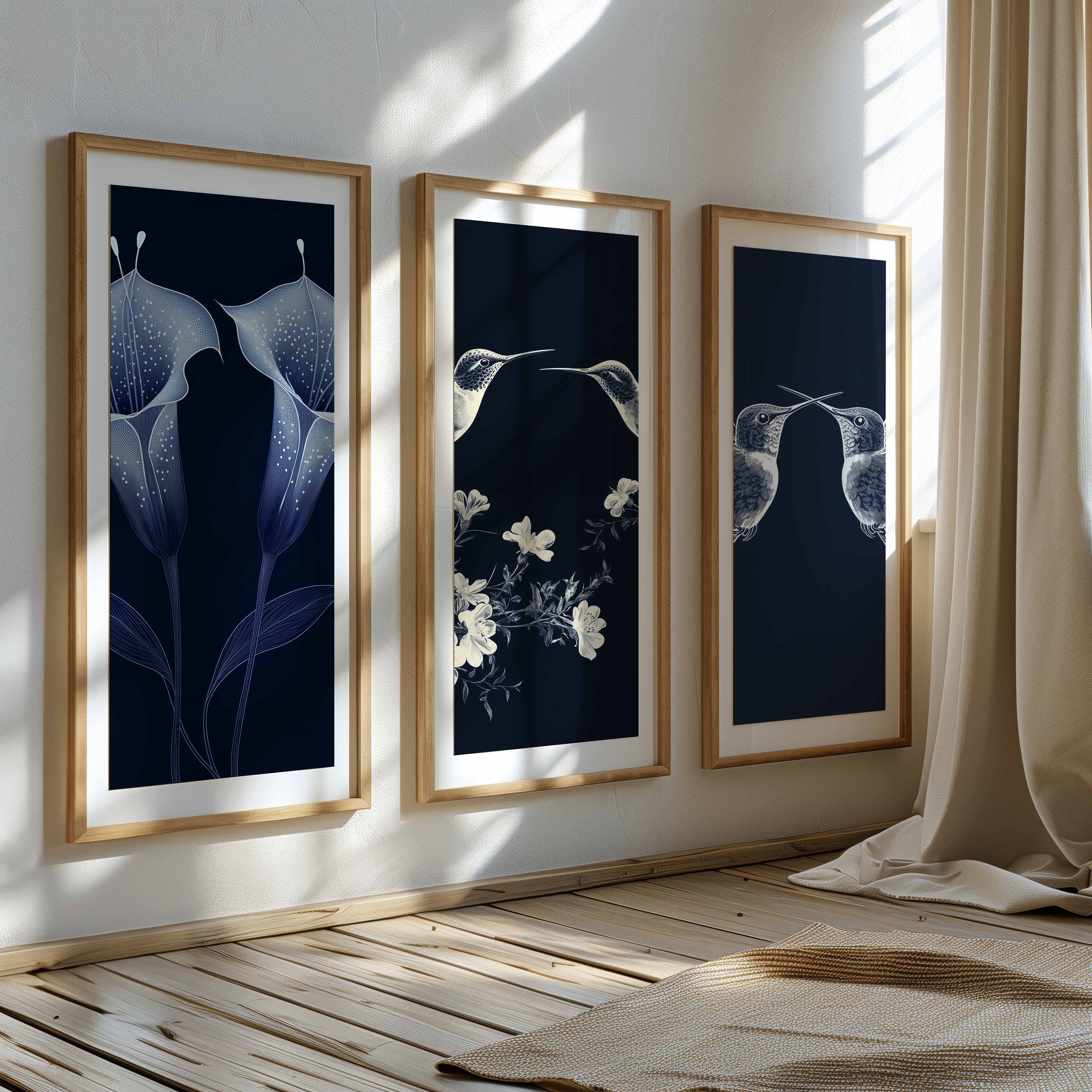 Navy Botanical Triptych | Large Hallway Wall Art Set of 3 - Framed Pop Art