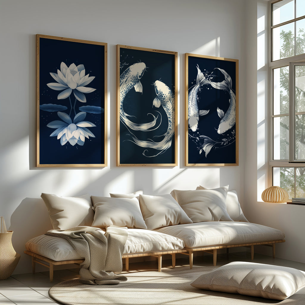Zen Koi & Lotus 3-Piece Canvas Wall Art Set - 60 x 75 cm / 24 x 30″