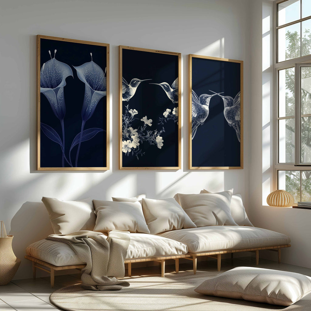 Navy Botanical Triptych | Large Hallway Wall Art Set of 3 - Framed Pop Art