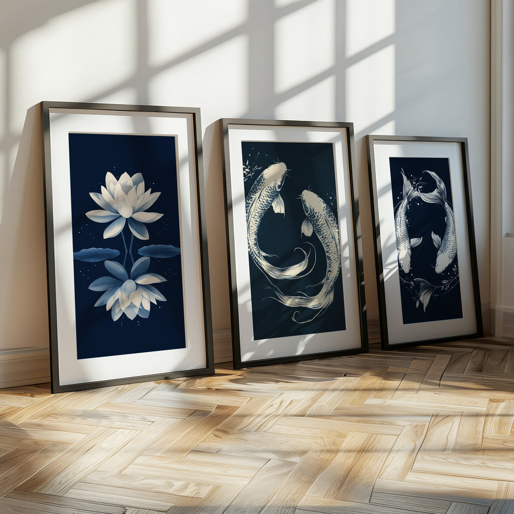 Zen Koi & Lotus 3-Piece Canvas Wall Art Set - 60 x 75 cm / 24 x 30″