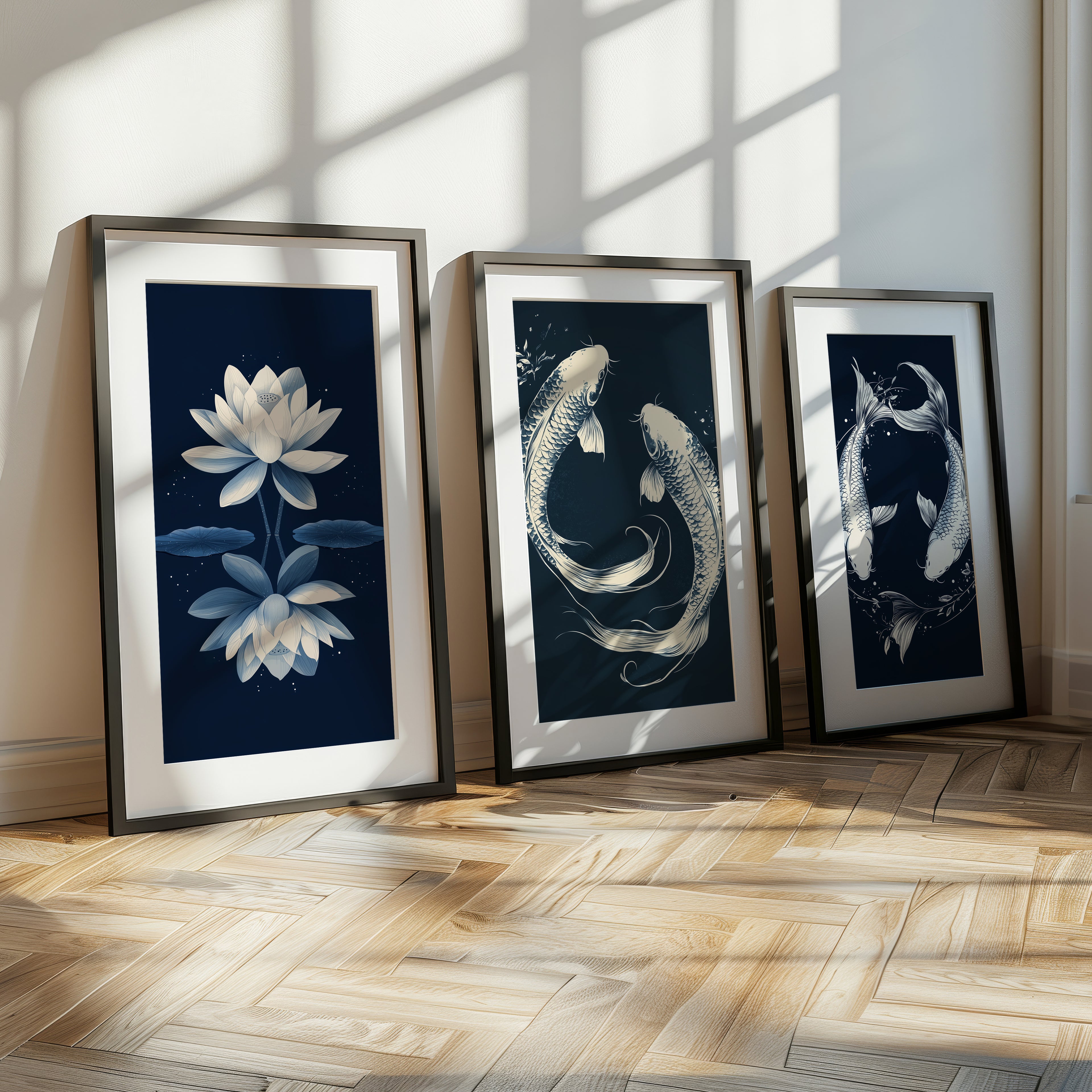 Zen Koi & Lotus 3-Piece Canvas Wall Art Set - 60 x 75 cm / 24 x 30″