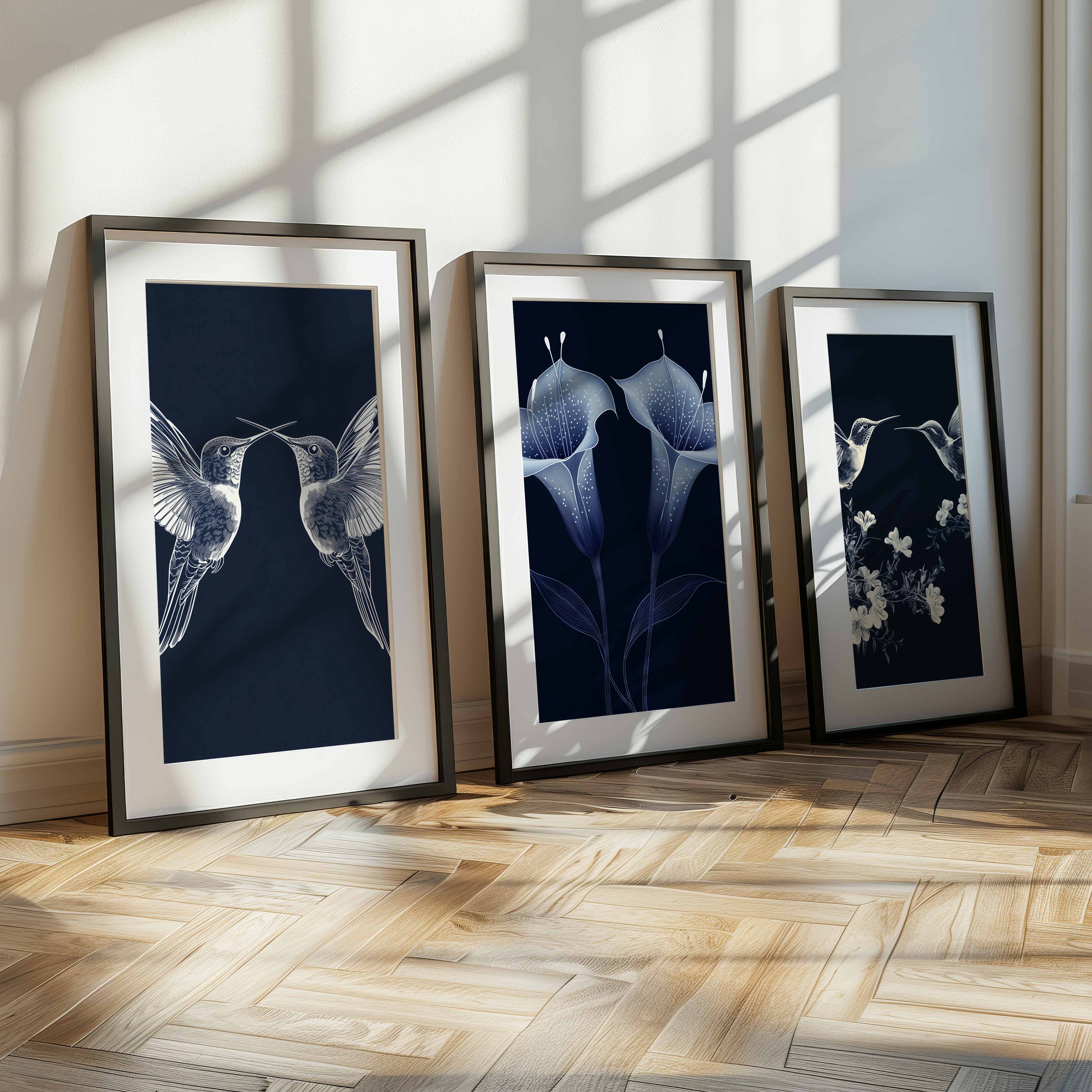 Navy Botanical Triptych | Large Hallway Wall Art Set of 3 - Framed Pop Art