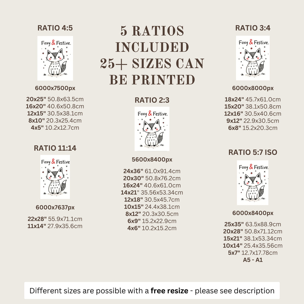 A size and ratio chart for custom cat portrait prints by Fey & Fable, showing multiple print ratios (4:5, 3:4, 2:3, 11:14, 5:7 ISO) with dimensions, pixel specs, and small preview images of cat portraits on a light beige background.