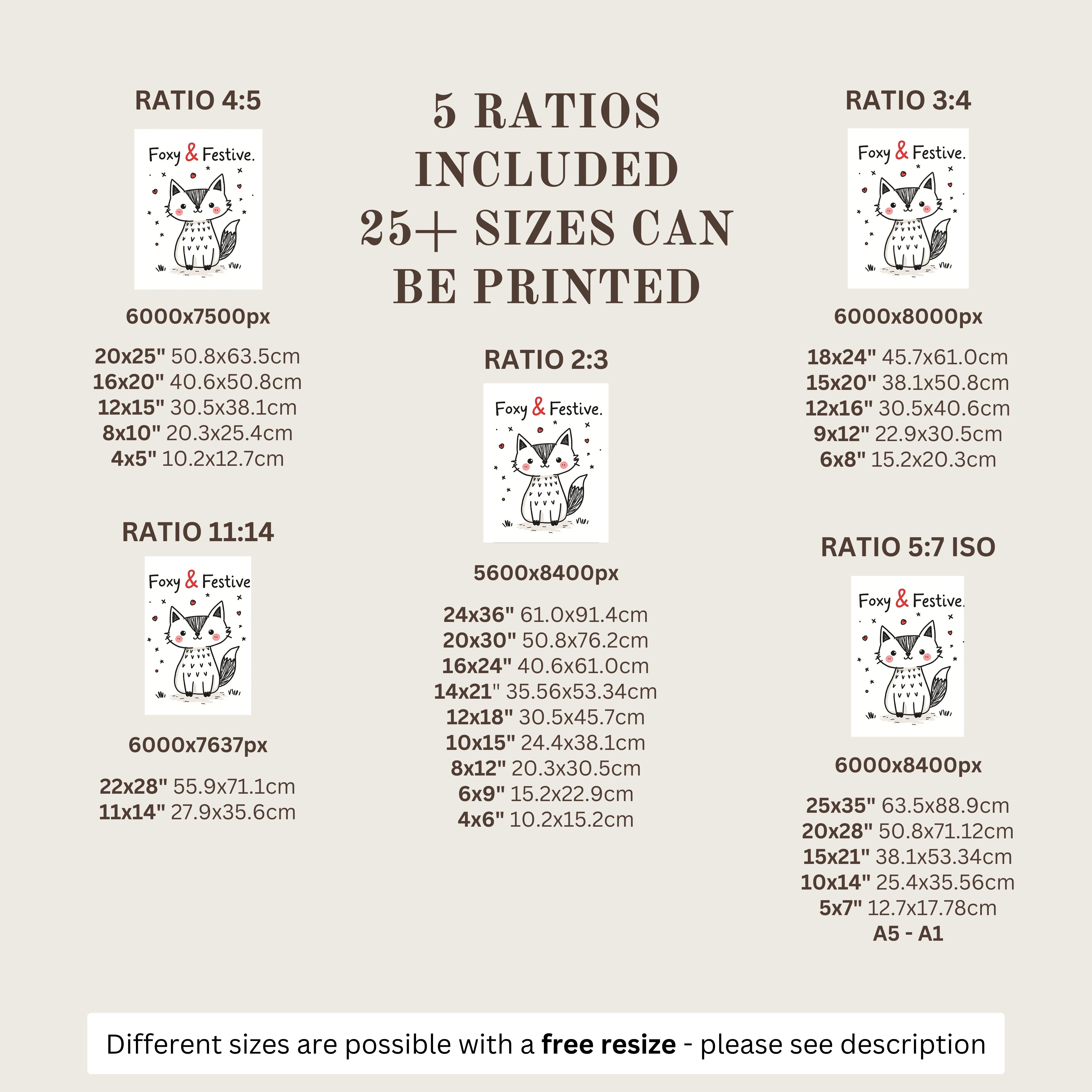 A size and ratio chart for custom cat portrait prints by Fey & Fable, showing multiple print ratios (4:5, 3:4, 2:3, 11:14, 5:7 ISO) with dimensions, pixel specs, and small preview images of cat portraits on a light beige background.