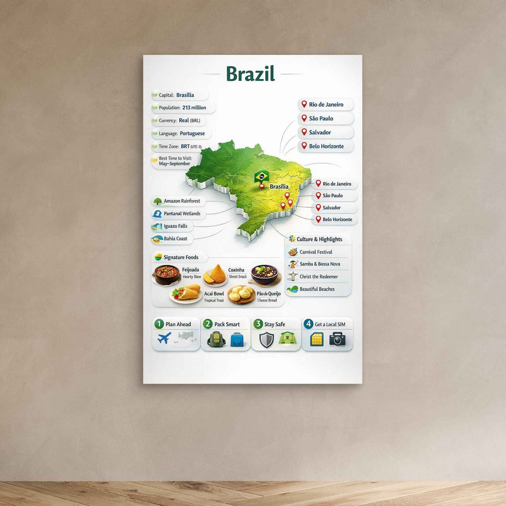 Brazil Travel Infographic Poster | Vibrant Canvas Wall Art - Framed Pop Art