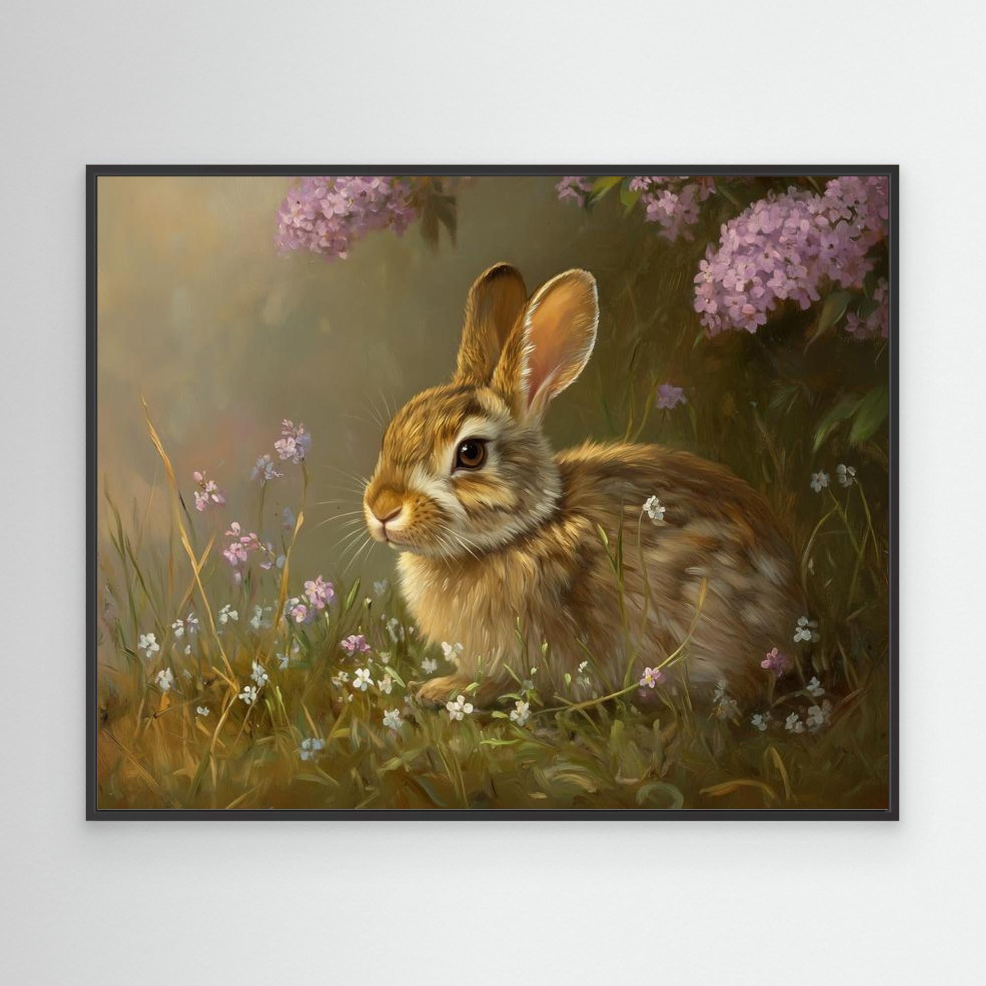 Brown Rabbit & Wildflowers Canvas Wall Art | Country Nursery - Framed Pop Art