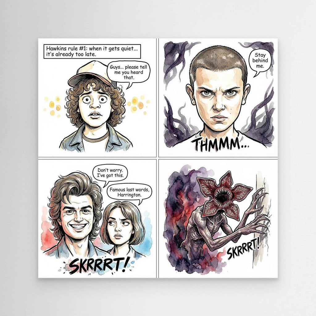 Stranger Things Fan Art Canvas | Hawkins Comic Print - Framed Pop Art