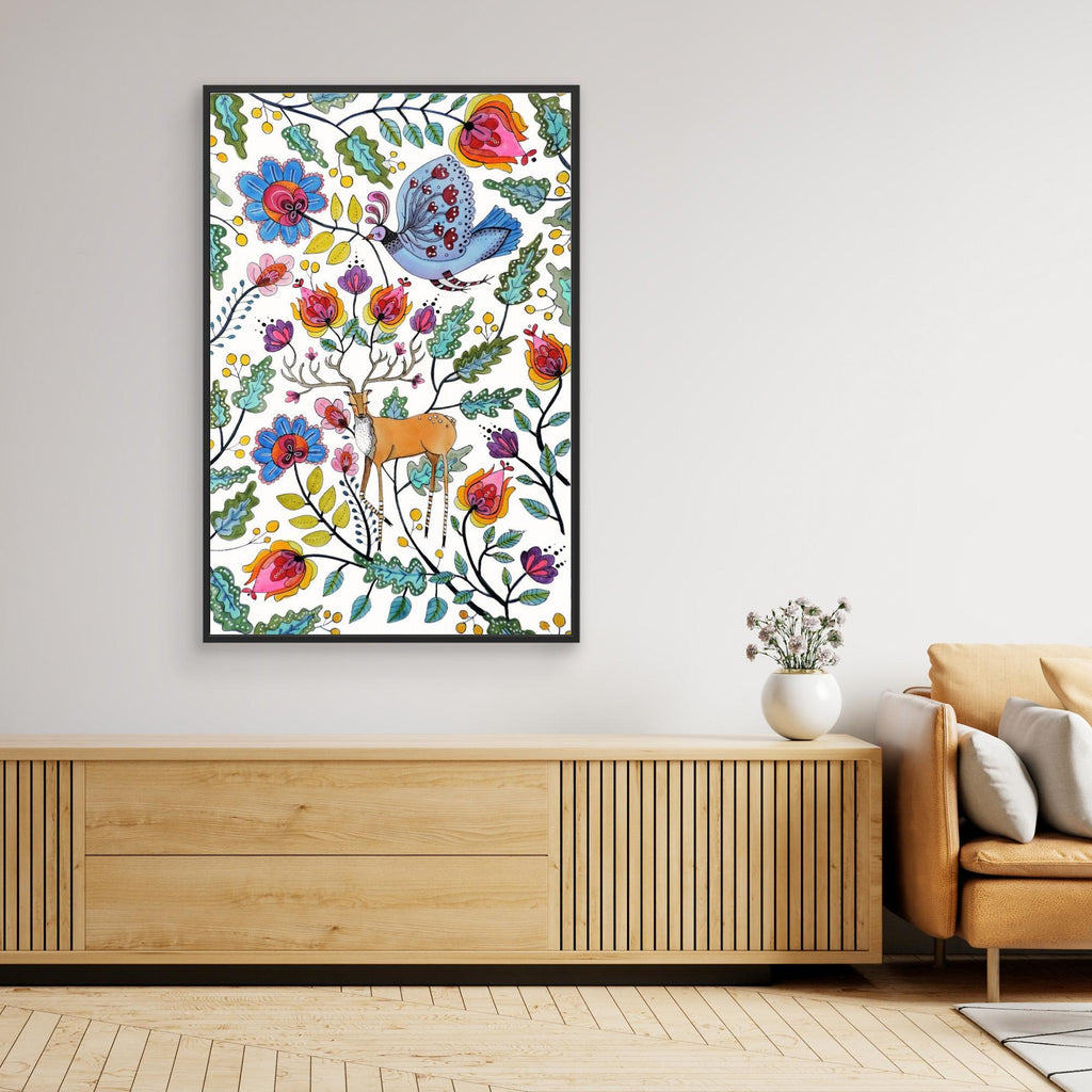 Hallway Wall Art – Whimsical Folk Deer & Botanical Canvas Print - Framed Pop Art