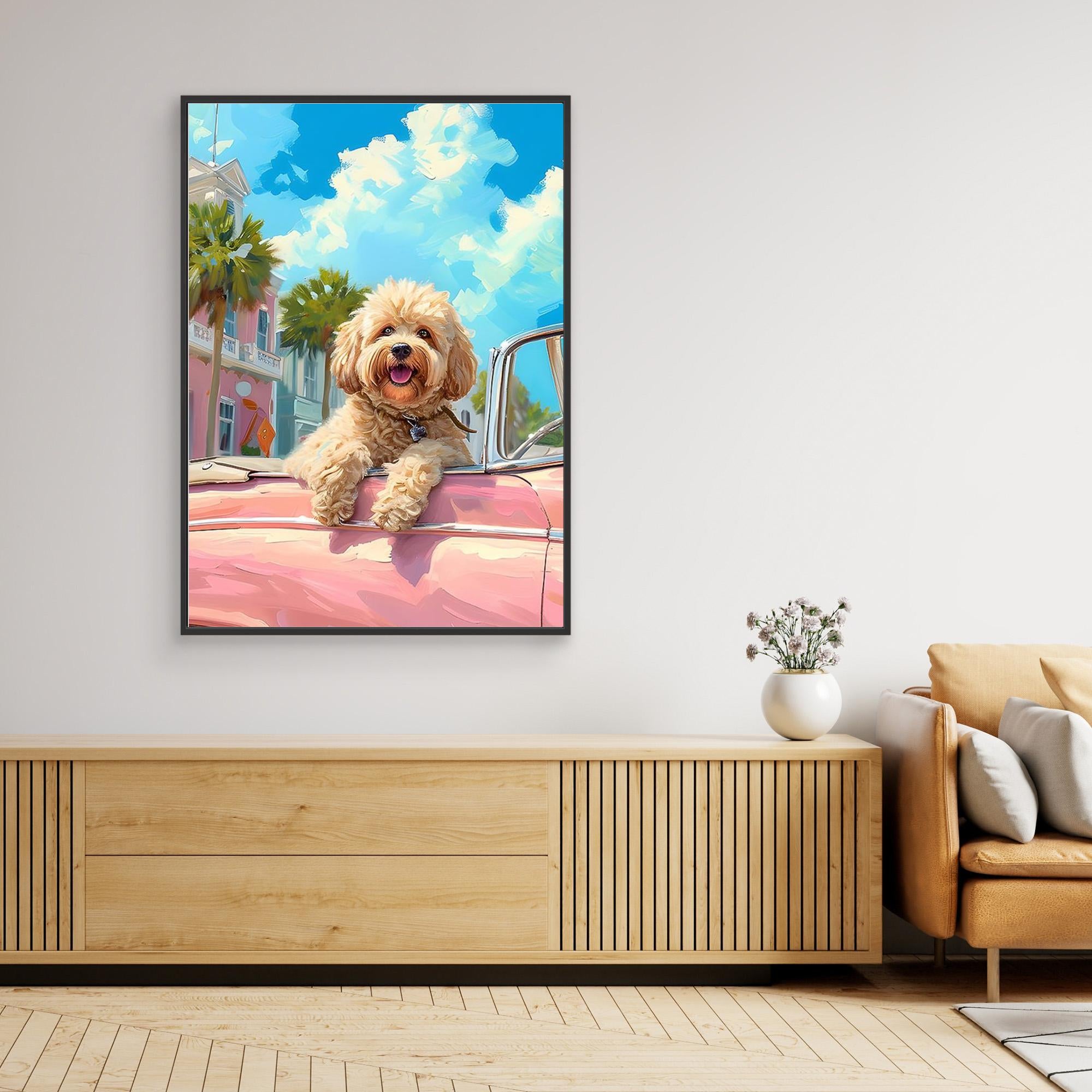 Retro Dog Wall Art Print for Coastal Living Room Decor - Framed Pop Art