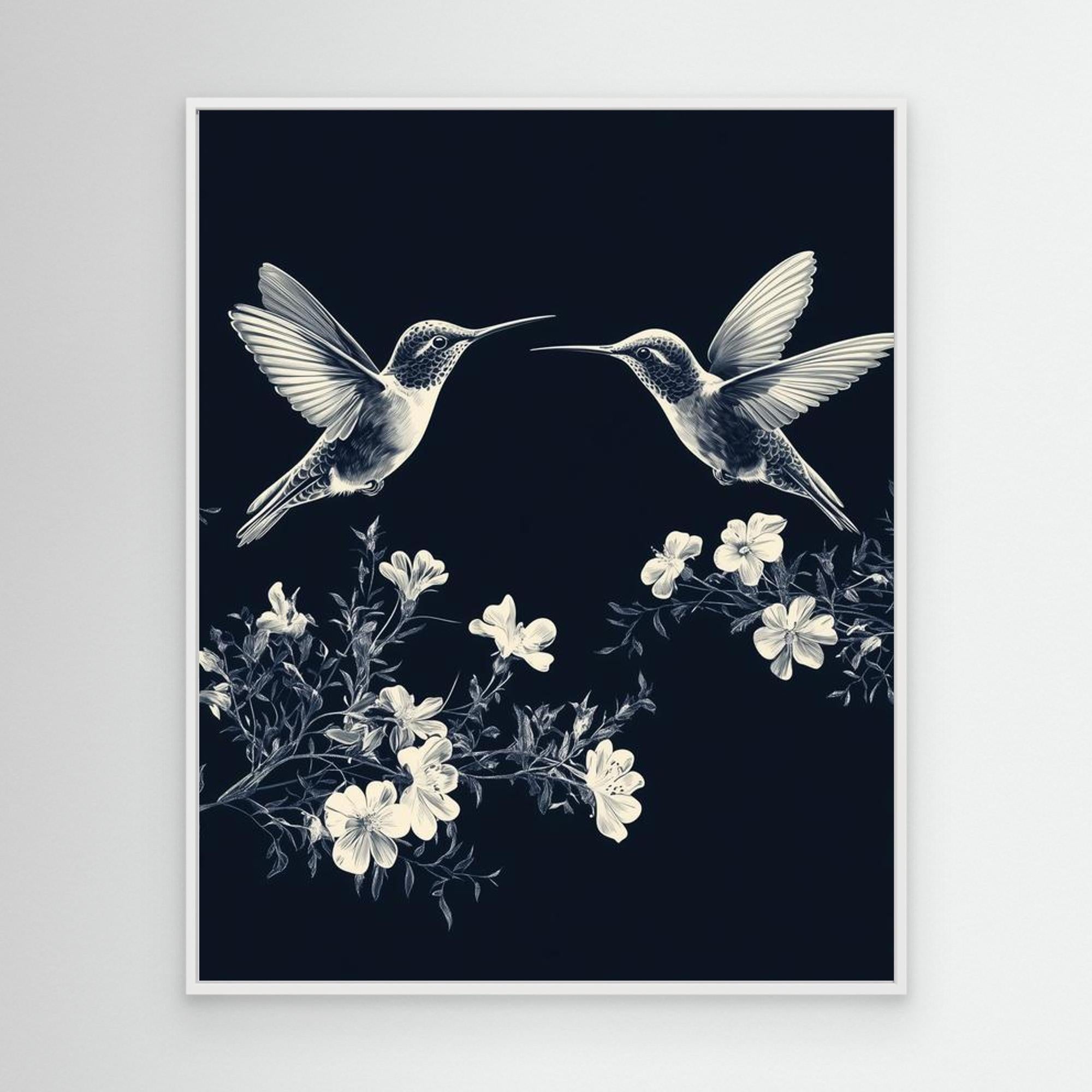 Navy Hummingbird & Floral Wall Art | Botanical Nursery Decor - Framed Pop Art