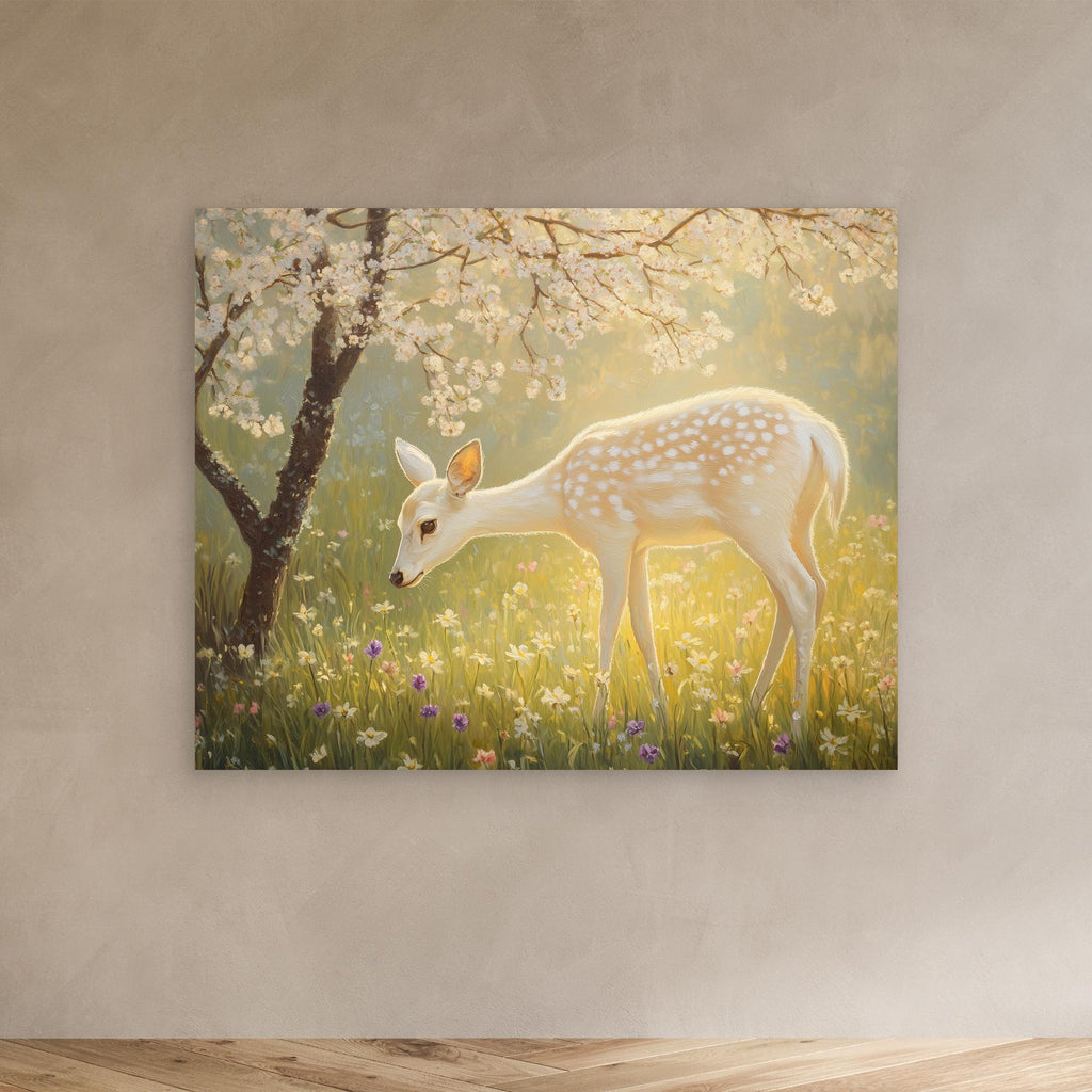 Enchanted White Fawn & Cherry Blossom Canvas Wall Art - Framed Pop Art