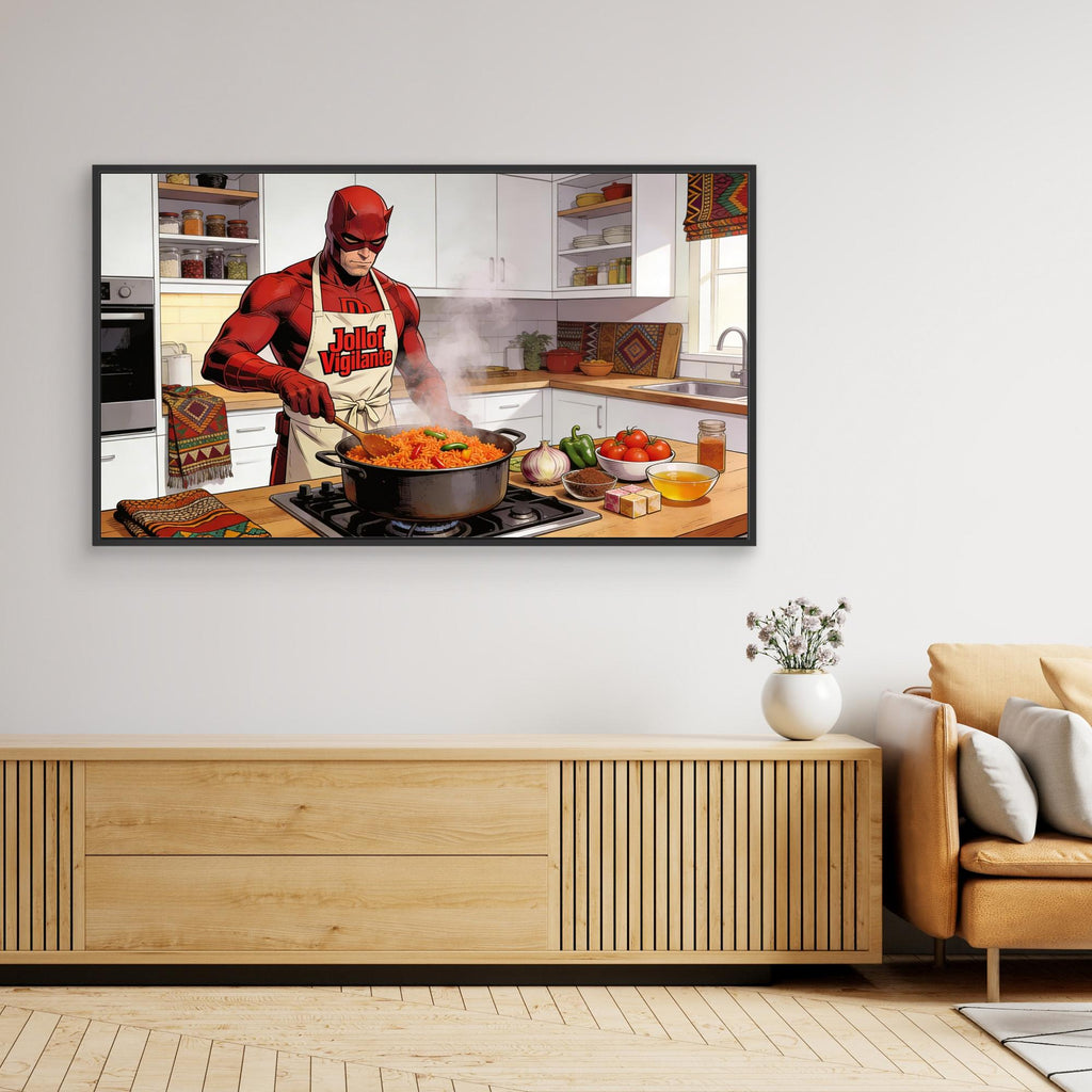 Kitchen Canvas Wall Art – Funny Jollof Vigilante Print - Framed Pop Art