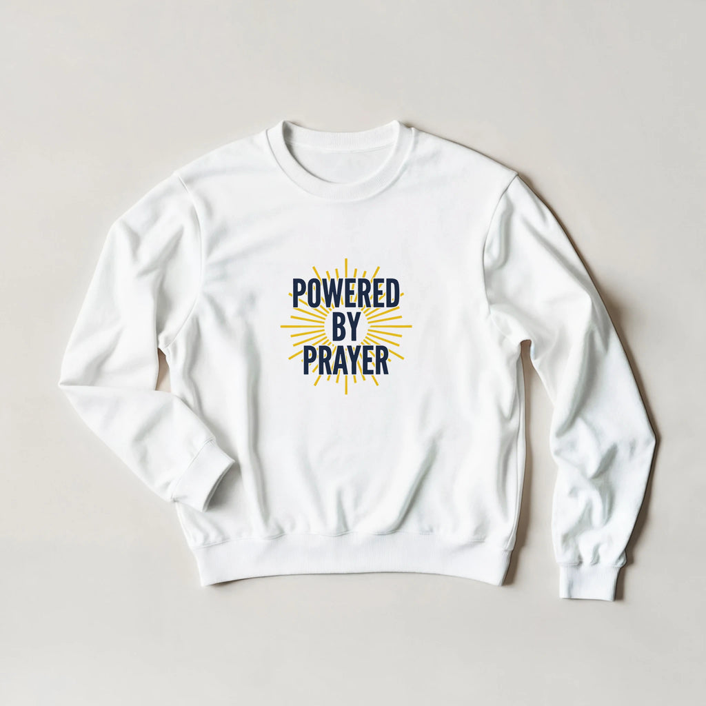 Powered by Prayer White Sweatshirt | Gildan® 18000 - Framed Pop Art