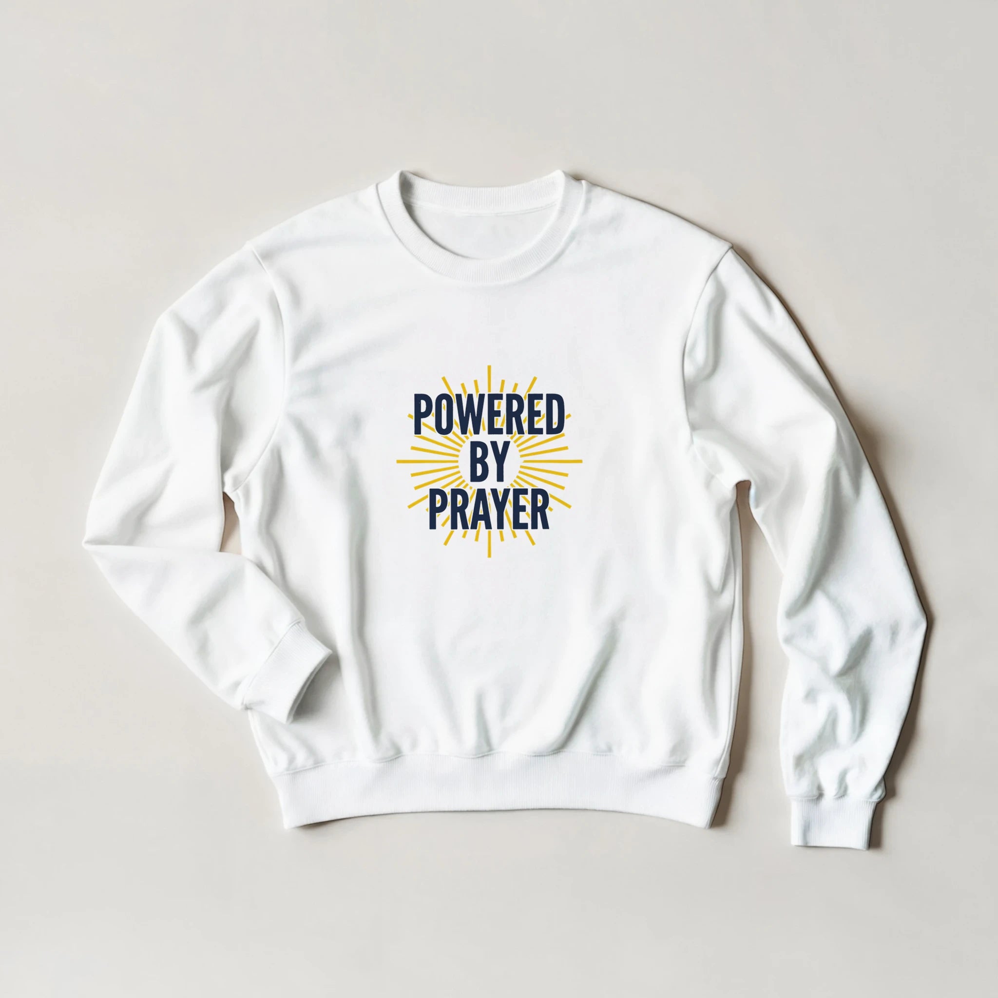Powered by Prayer White Sweatshirt | Gildan® 18000 - Framed Pop Art