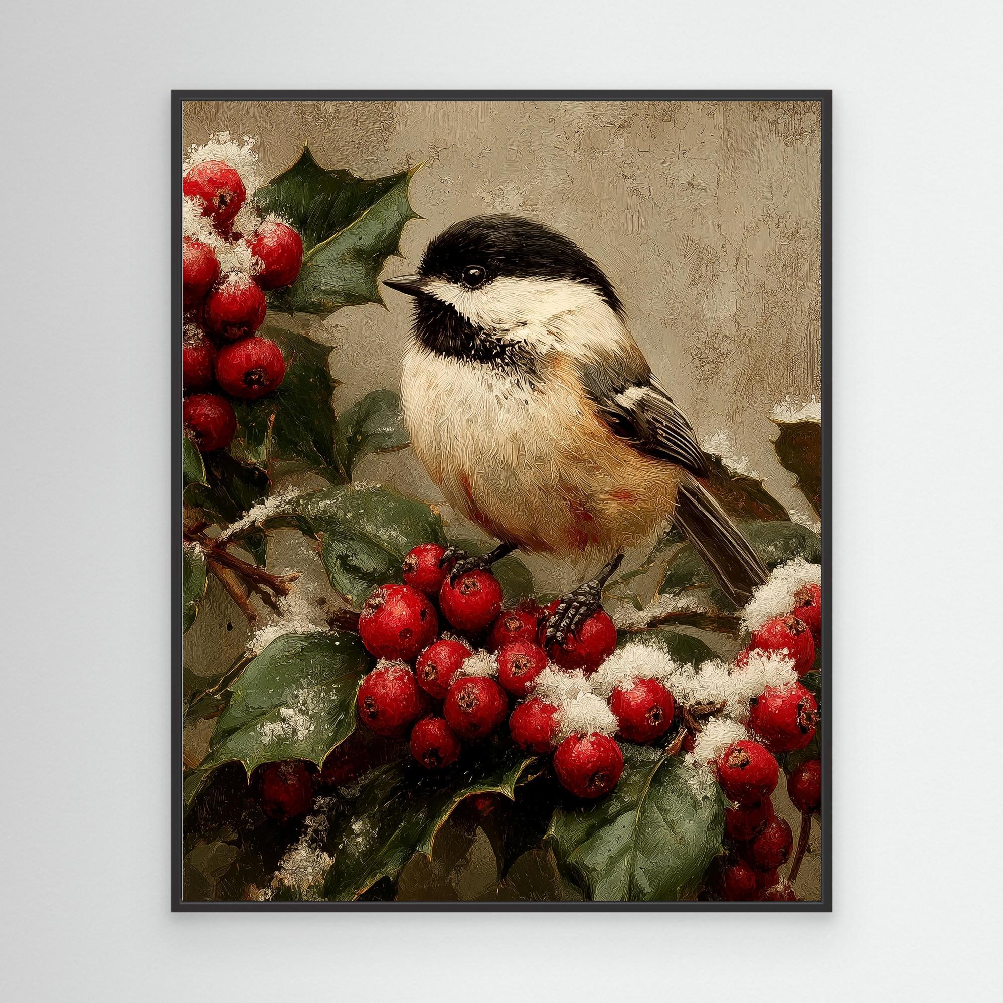 Christmas Bird Wall Art for Hallway – Chickadee Print - Framed Pop Art