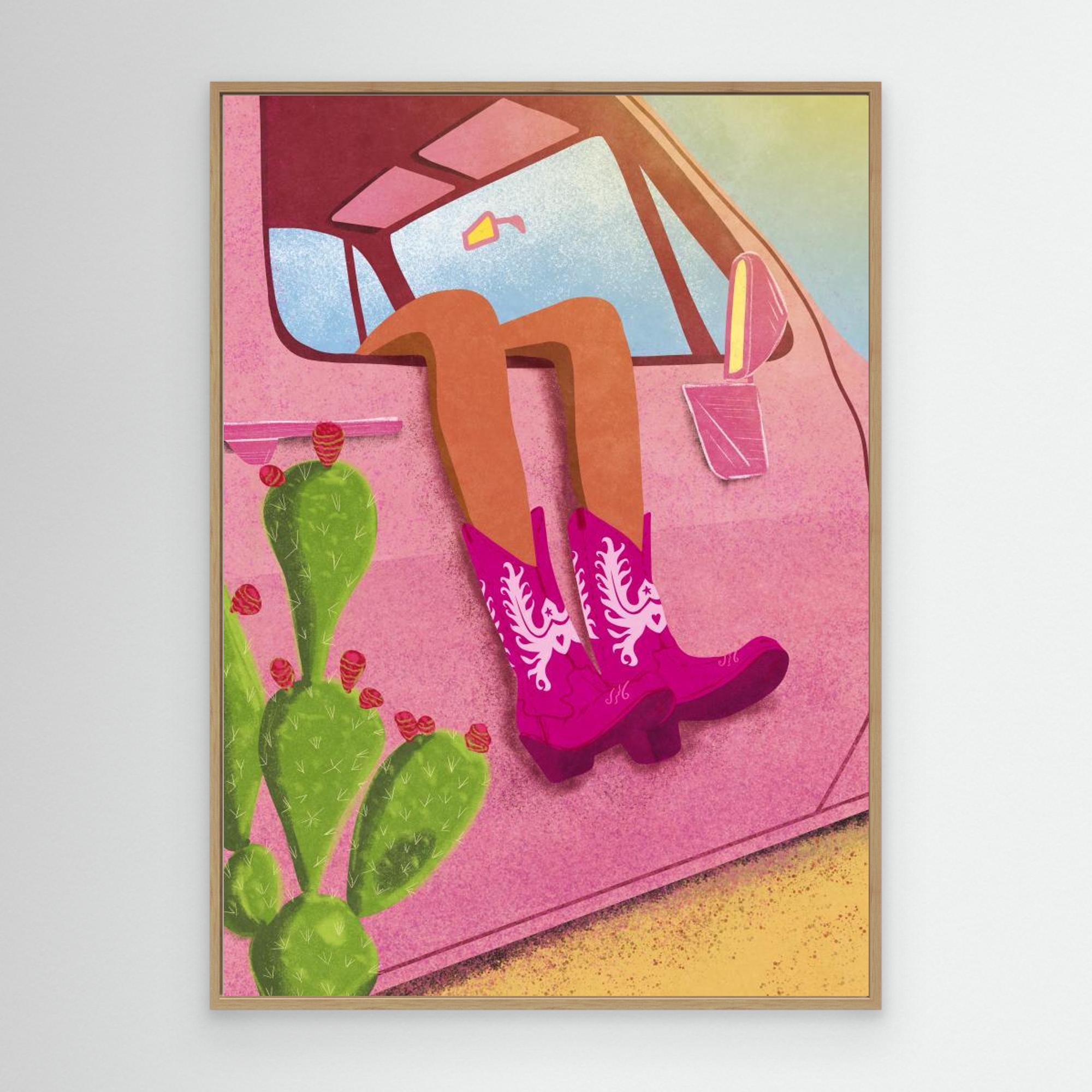 Pink Western Boots Car Art | Funky Boho Bedroom Wall Decor - Framed Pop Art