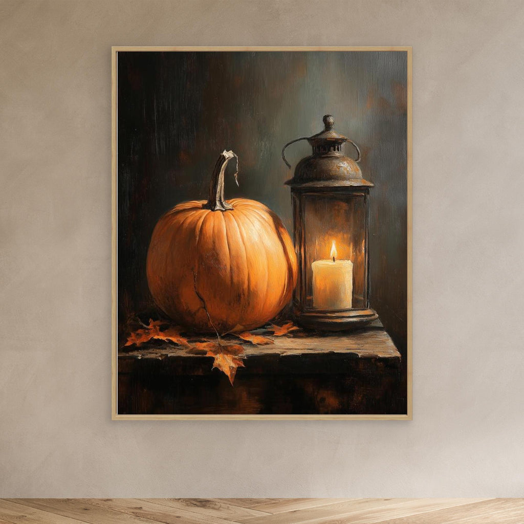 Rustic Autumn Pumpkin & Lantern Canvas Wall Art - Framed Pop Art