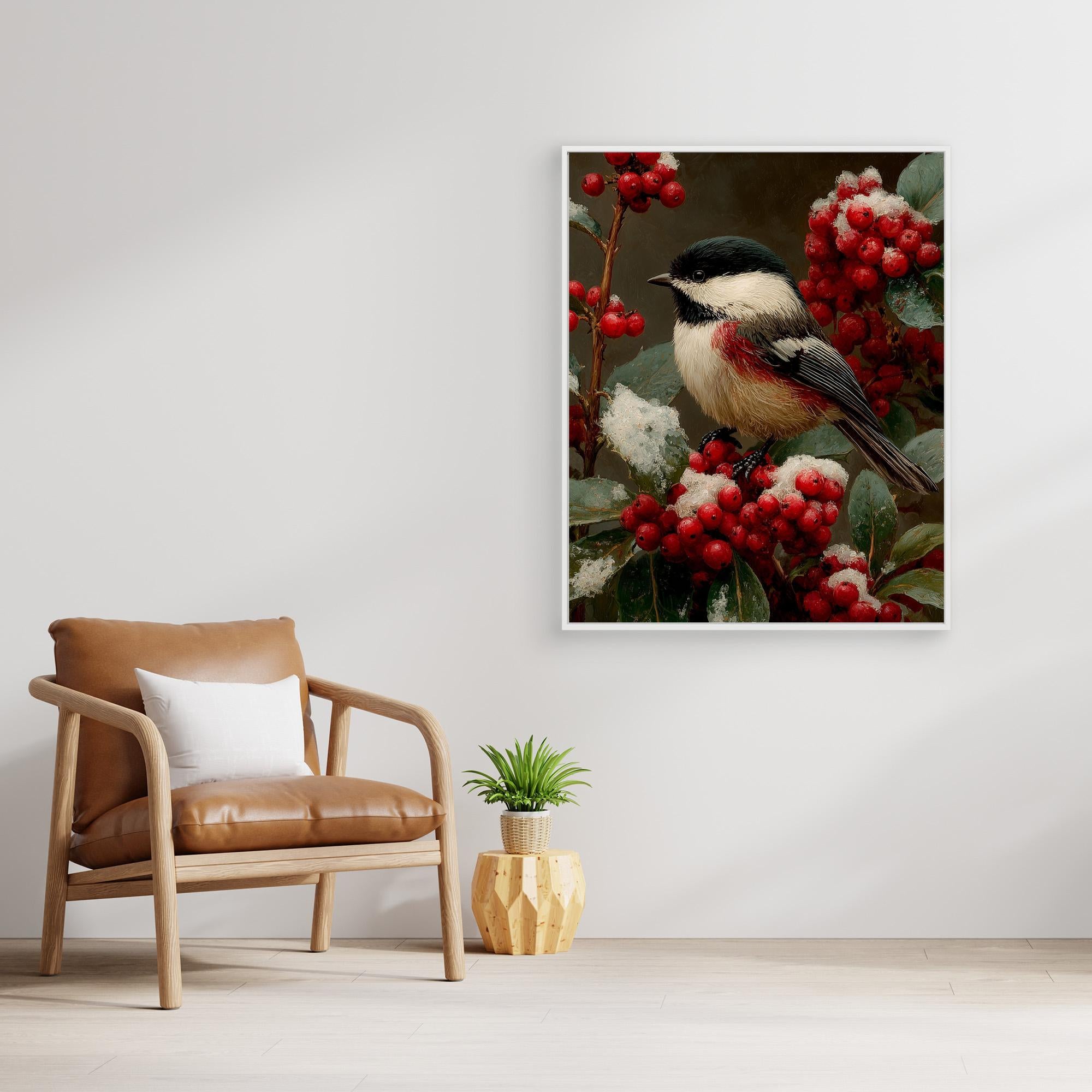 Hallway Bird Wall Art – Chickadee & Red Berries Canvas - Framed Pop Art