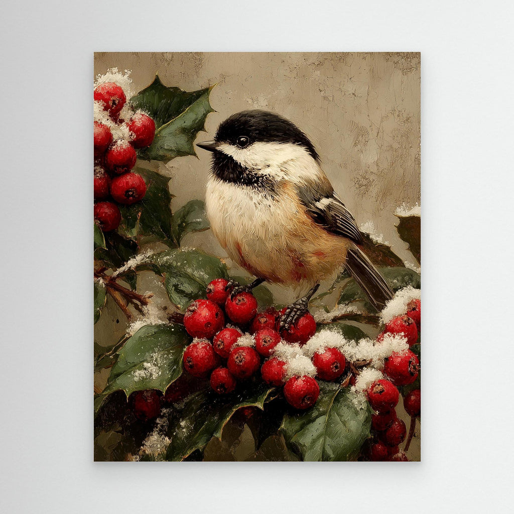 Christmas Bird Wall Art for Hallway – Chickadee Print - Framed Pop Art