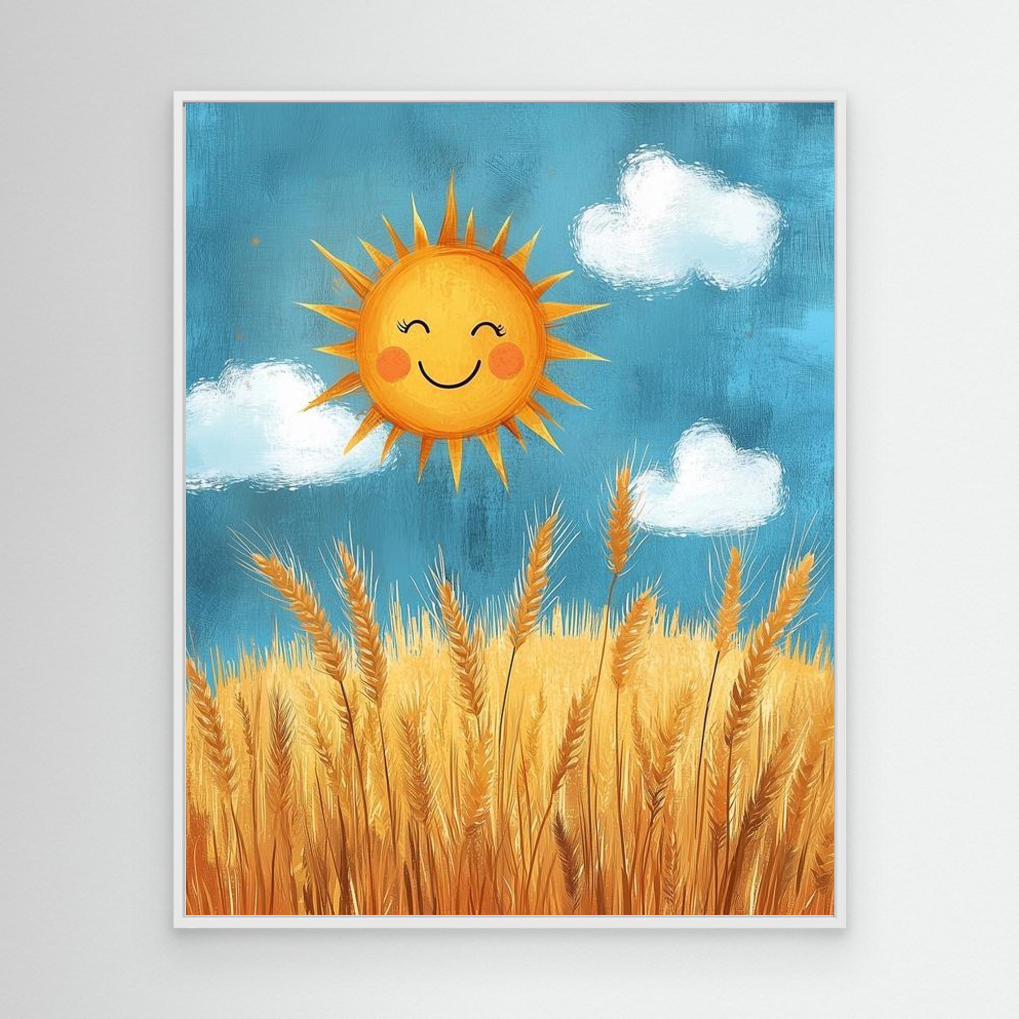 Happy Sun & Wheat Field Canvas Art | Cheerful Wall Decor - Framed Pop Art