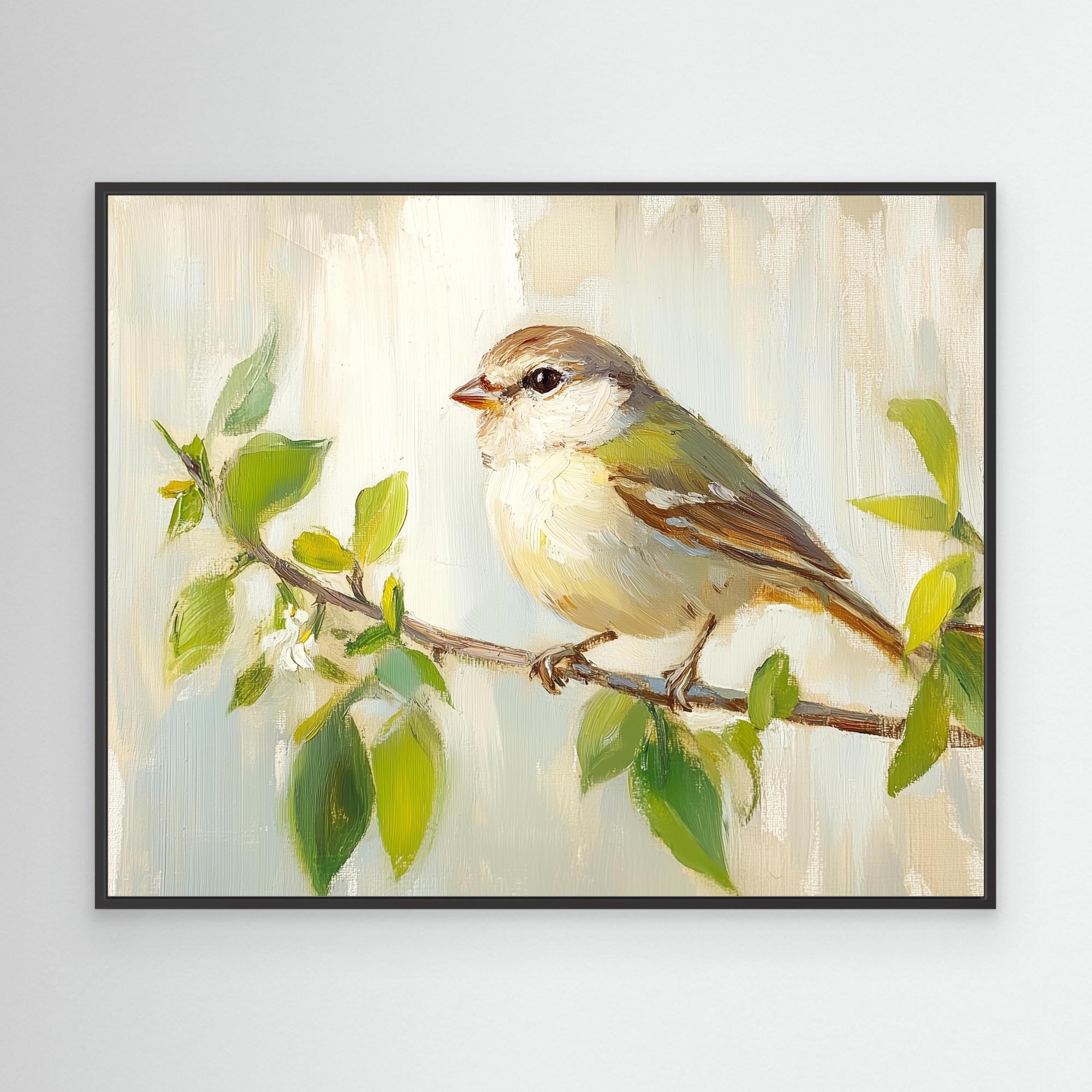 Bird on Branch Oil Painting | Nursery Wall Art Decor - Framed Pop Art
