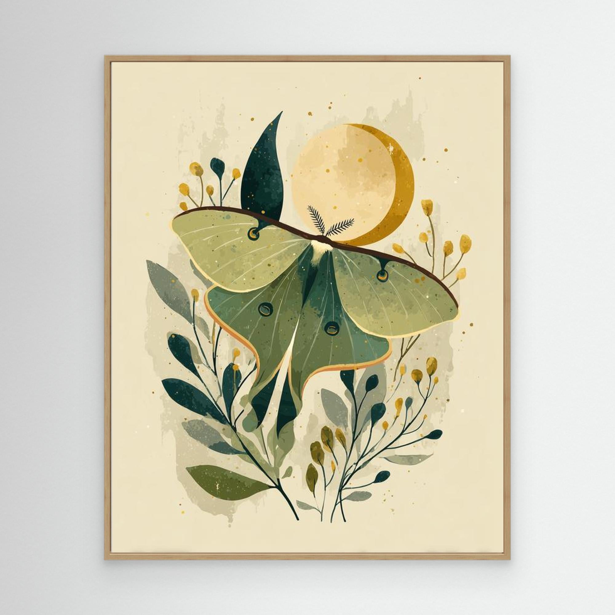 Luna Moth & Crescent Moon Art Print | Nature-Inspired Wall Decor | Nursery - Framed Pop Art