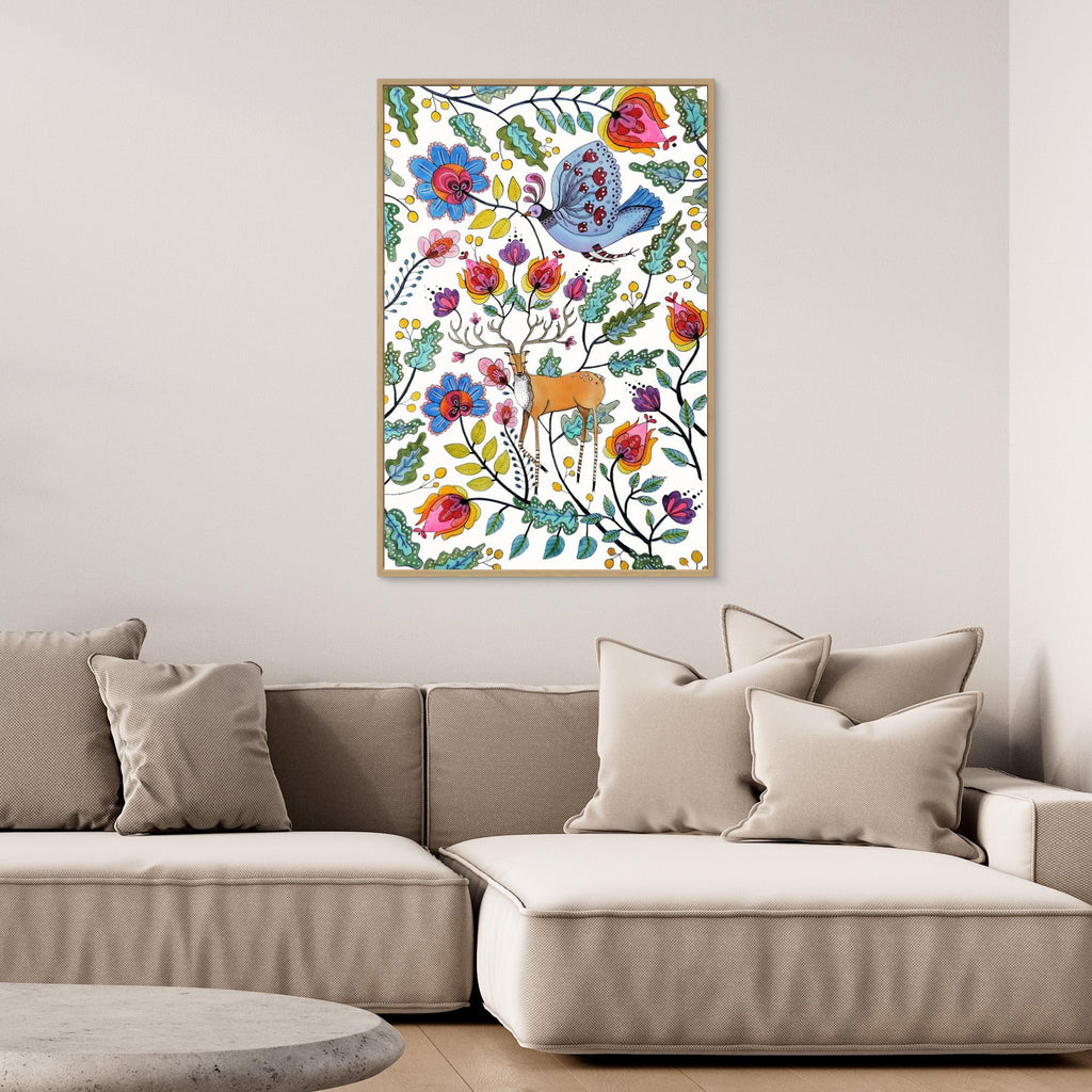 Hallway Wall Art – Whimsical Folk Deer & Botanical Canvas Print - Framed Pop Art