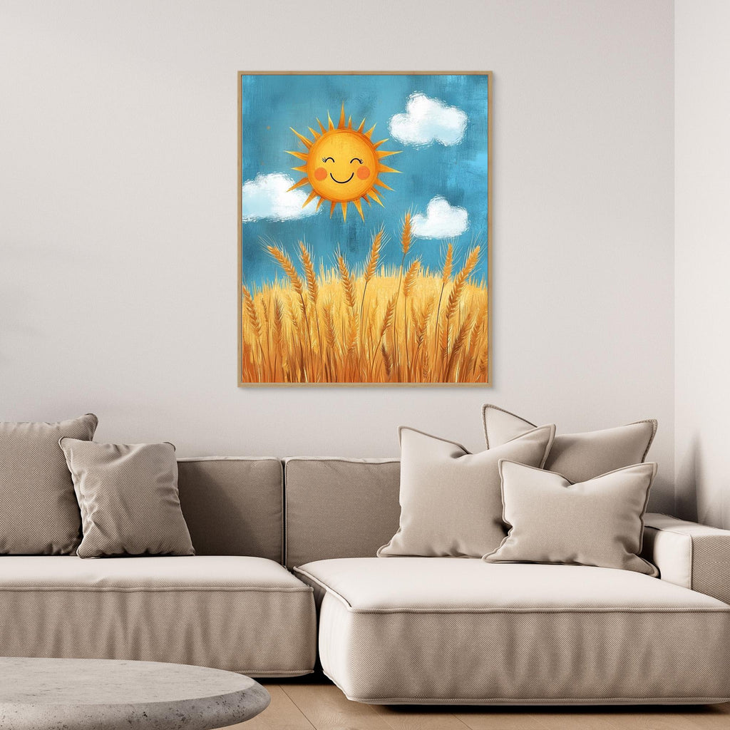 Happy Sun & Wheat Field Canvas Art | Cheerful Wall Decor - Framed Pop Art