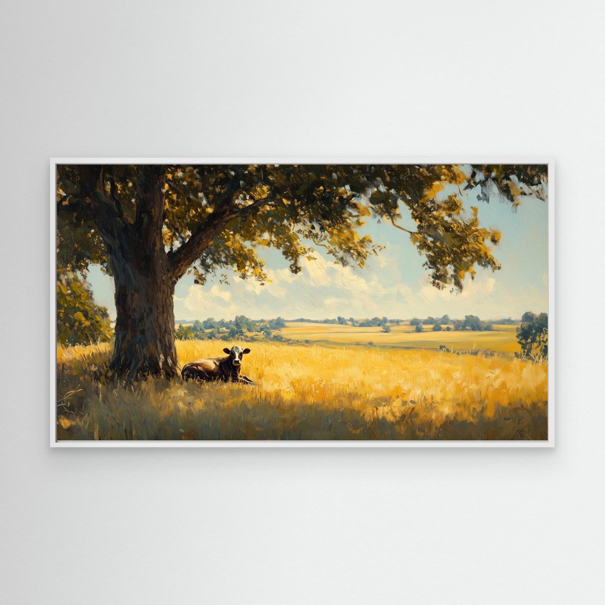 Cow in Sunlit Meadow Panoramic Canvas Wall Art Print