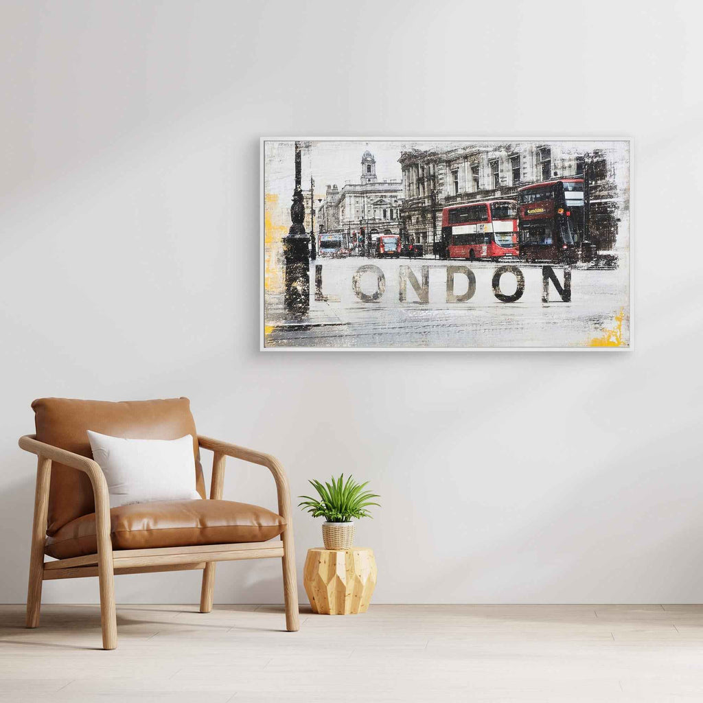 London Cityscape Red Bus Canvas Art - Framed Pop Art