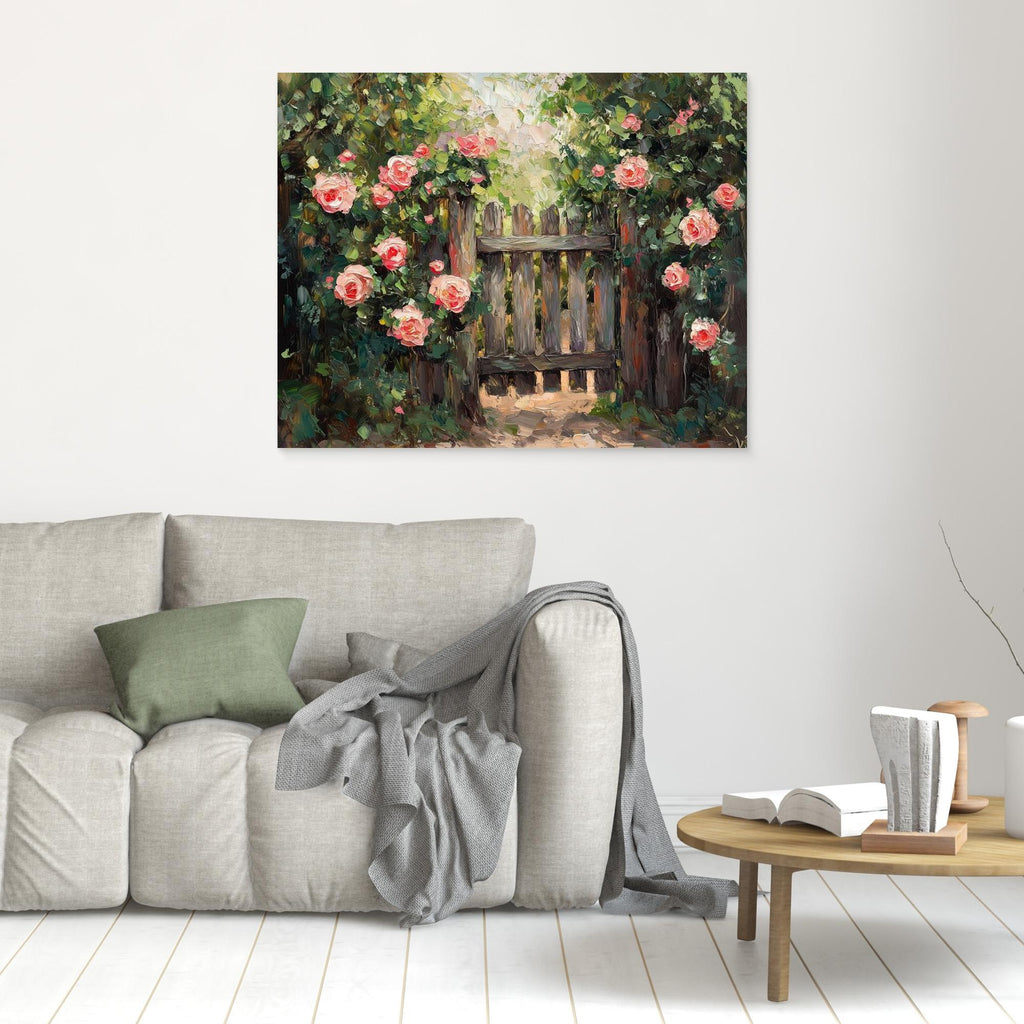 Pink Rose Garden Gate Canvas Wall Art | Floral Oil Painting - Framed Pop Art
