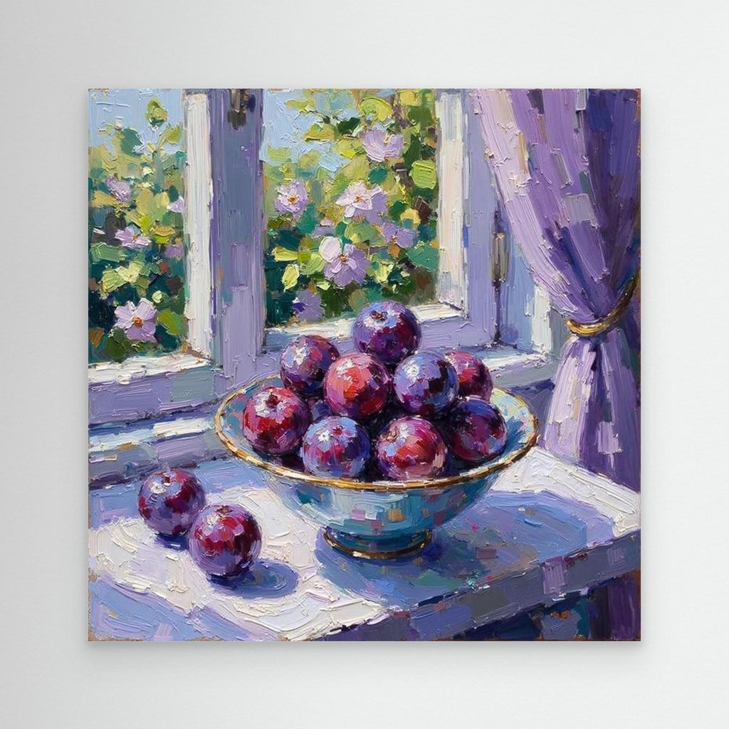 Purple Plum Still Life Canvas | Kitchen & Hallway Wall Art - Framed Pop Art