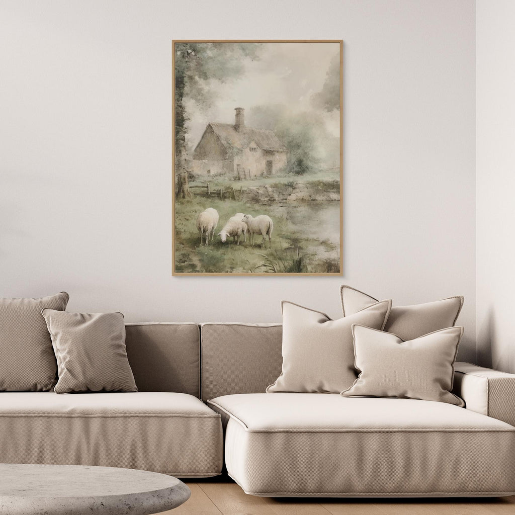 Sheep & Country Cottage Watercolour | Farmhouse Hallway Art - Framed Pop Art