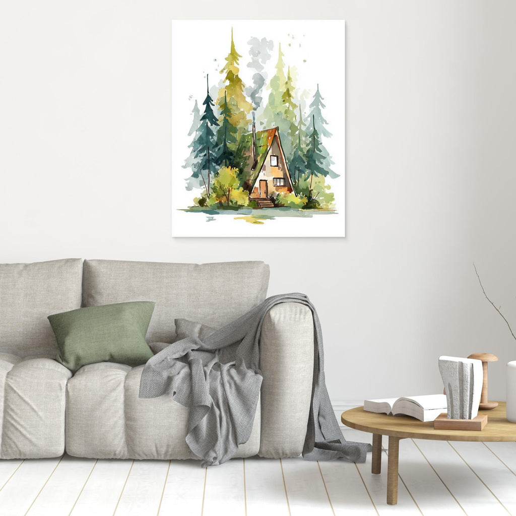 Cozy A-Frame Forest Cabin Watercolour Art | Woodland Nursery - Framed Pop Art